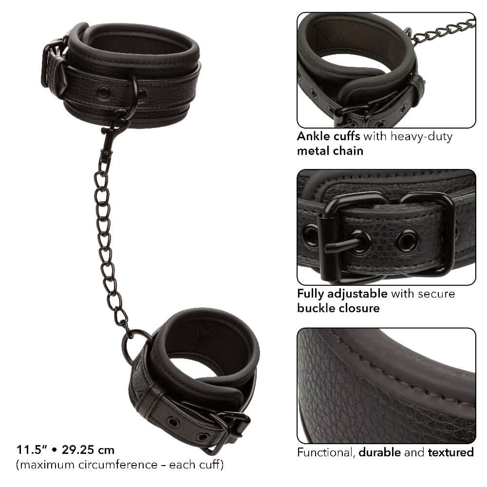 Nocturnal Collection Ankle Cuffs - Black with heavy-duty metal chain and secure buckle closure features shown in close-up.