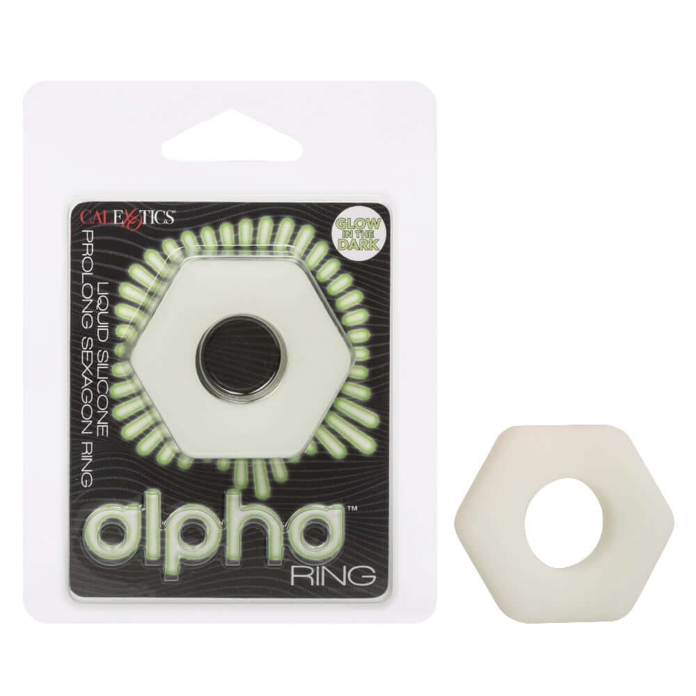 Alpha Glow-in-the-Dark Liquid Silicone Prolong Sexagon Ring in white packaging.