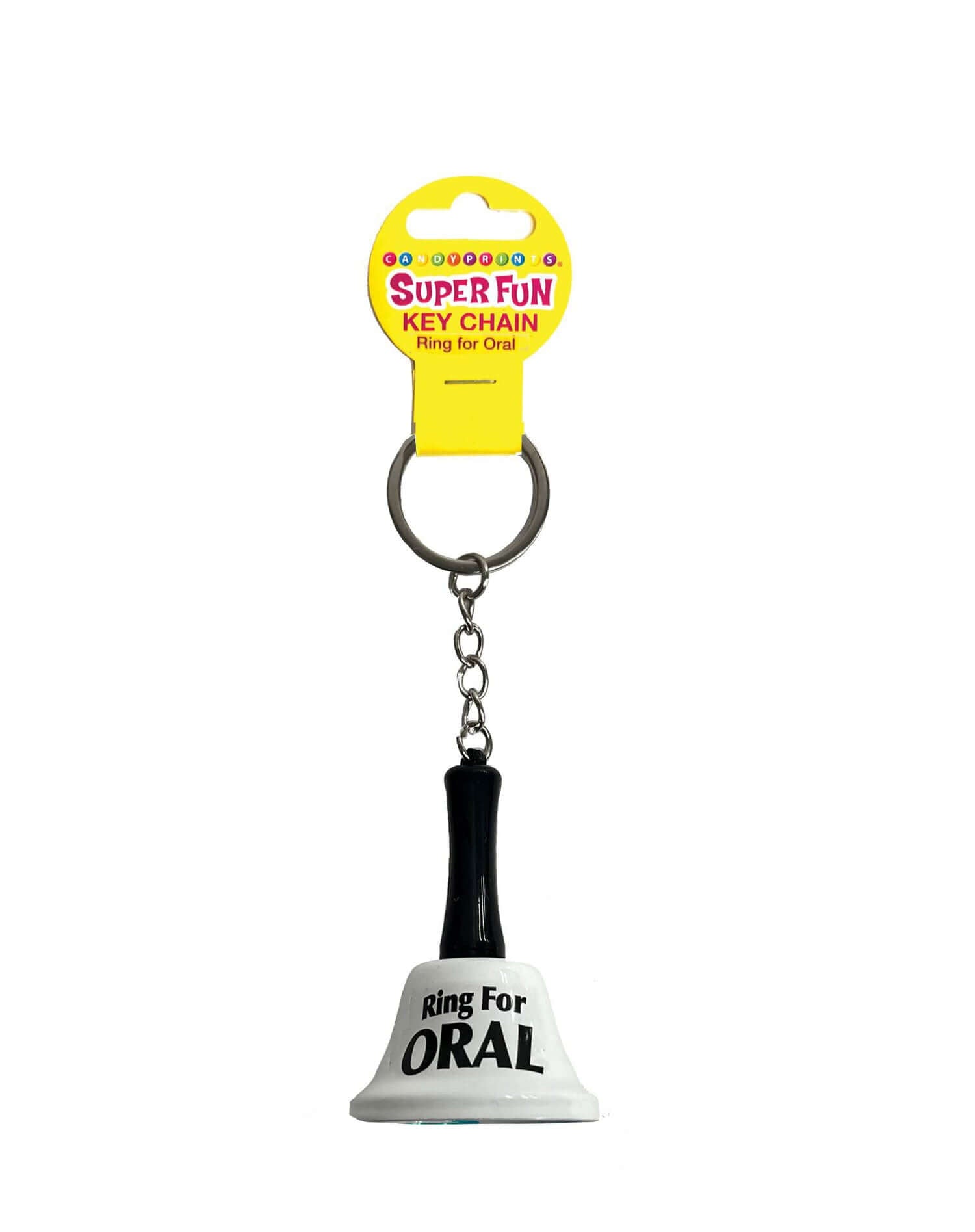 Cheeky white "Ring for Oral" keychain with yellow tag from Little Genie, adds fun to your keyring and spice to your love life.