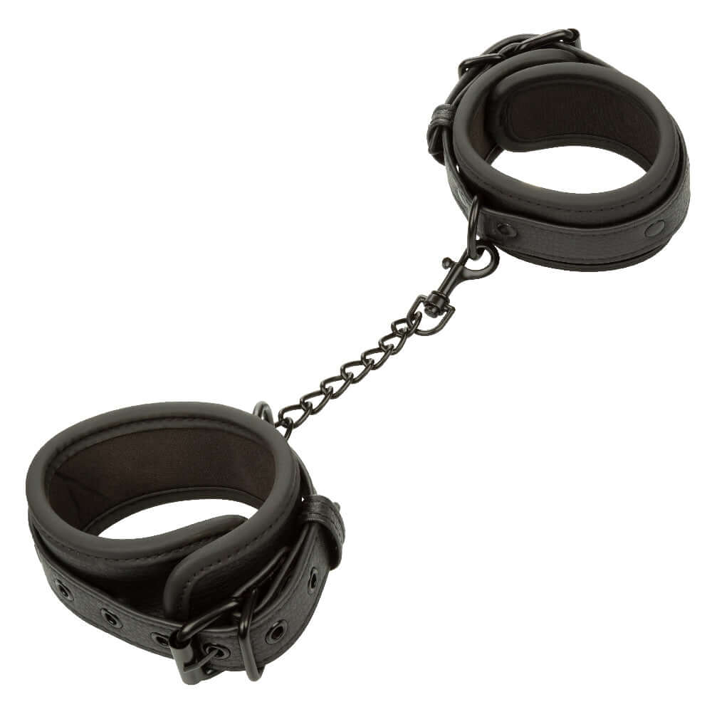 Nocturnal Collection Ankle Cuffs - Black with secure buckle closure and connecting chain for adventurous play