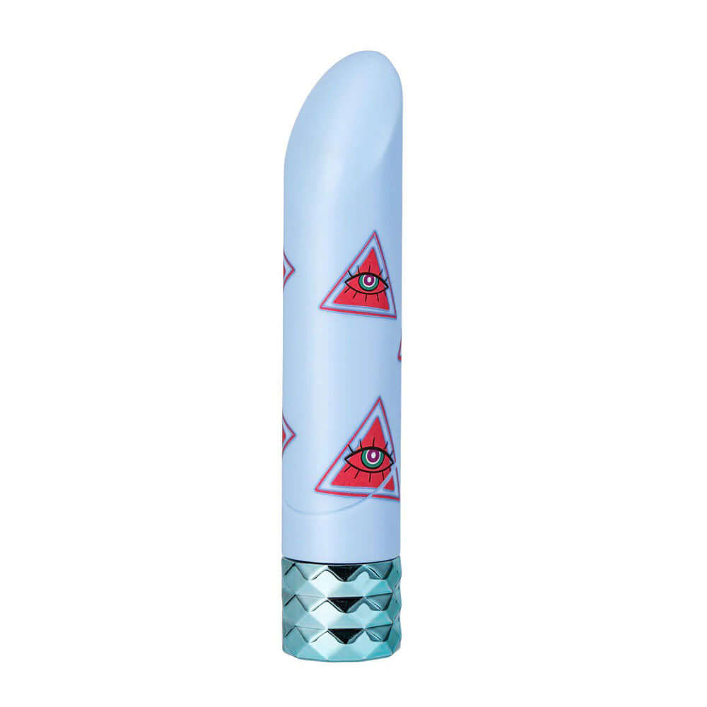 Grateful Deb Bullet - Blue 25-function vibrator with sparkly base and eye design, made of medical-grade silicone for ultimate pleasure.