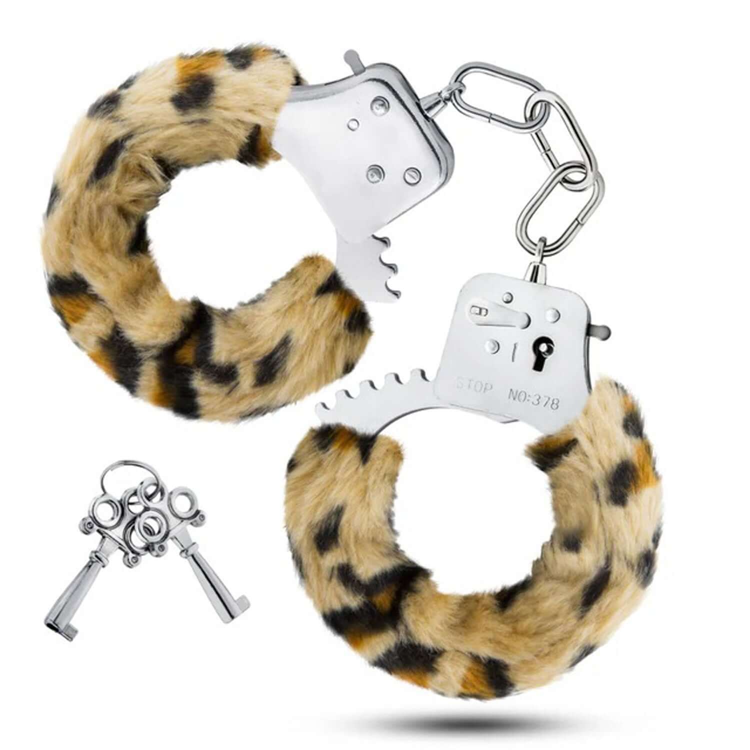 Temptasia Beginner Cuffs Leopard with keys, stainless steel fur-lined BDSM cuffs for beginners with safety release lever.