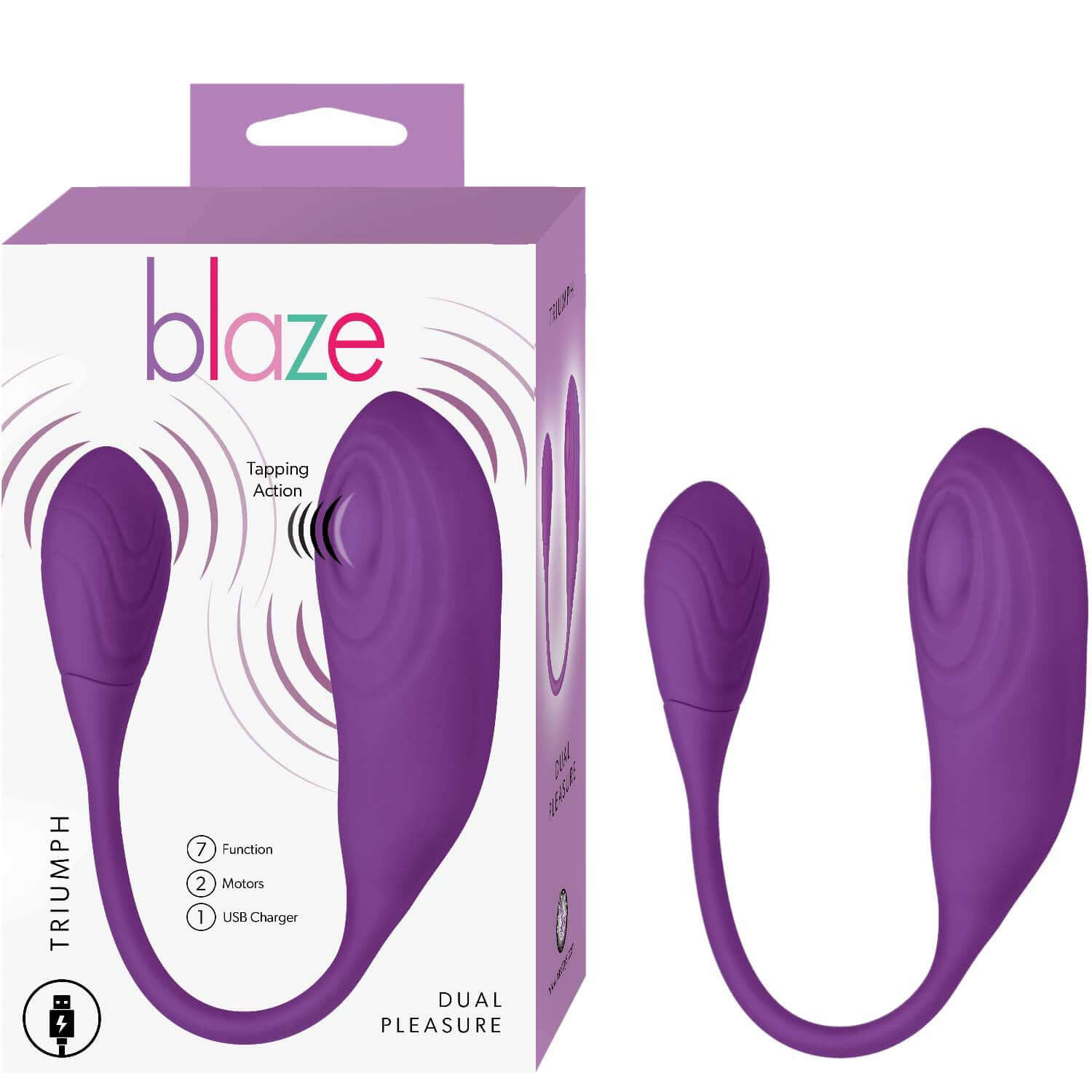 Purple Blaze Triumph Couples Massager with packaging box, featuring a dual motor design and 7 tapping functions for enhanced pleasure.