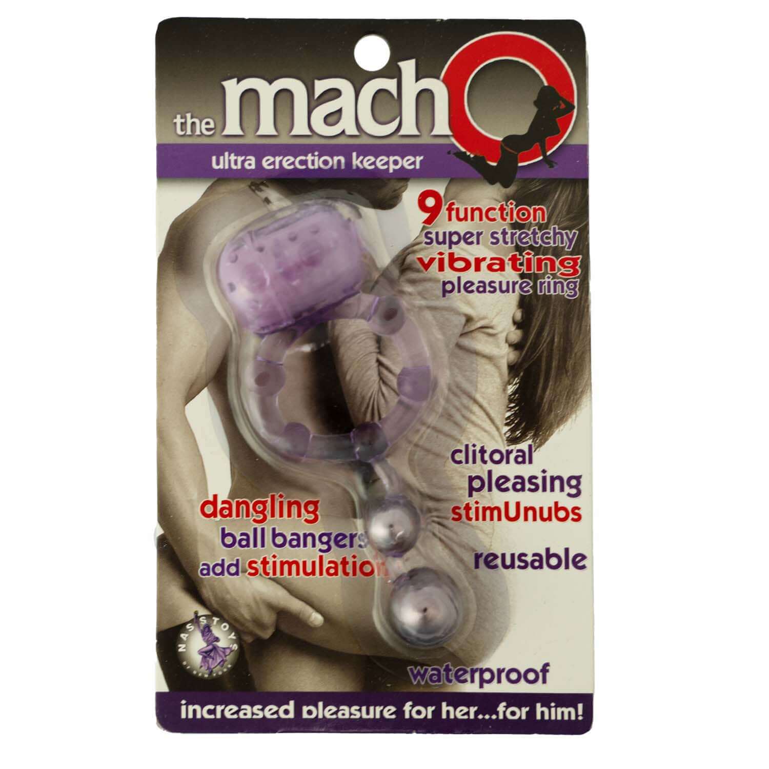 Purple Macho Ultra Erection Keeper Ring with vibrating functions and clitoral stimulation nubs in packaging.