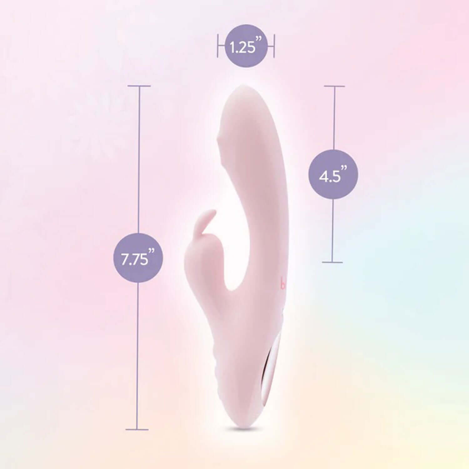 Play With Me Fairy Flutter Pink rabbit massager with flexible shaft, dual vibration modes, and dimensions labeled on a pastel background