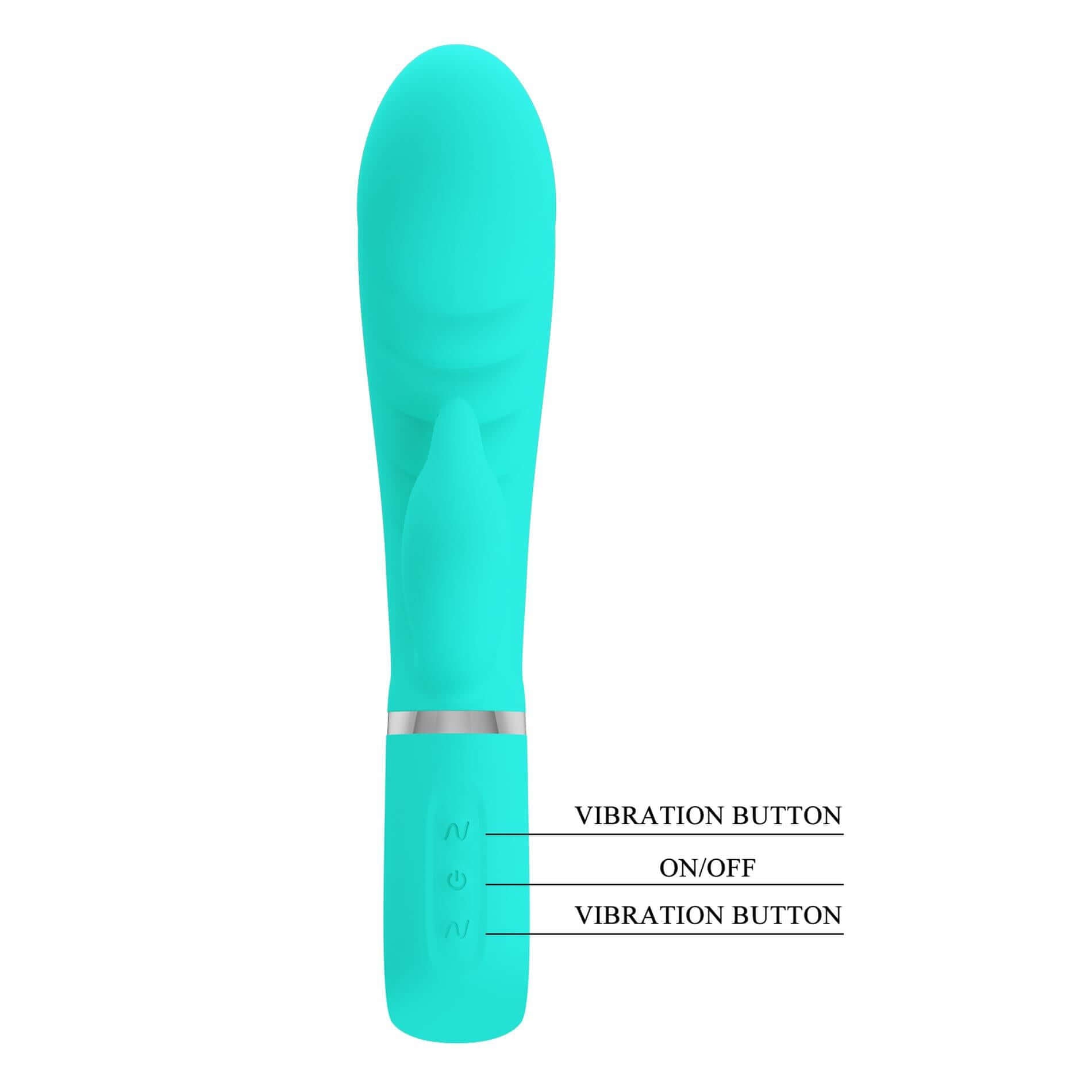 Teal Prescott Super Soft Rabbit Silicone Vibrator with vibration and on/off buttons for a comfortable and skin-friendly experience