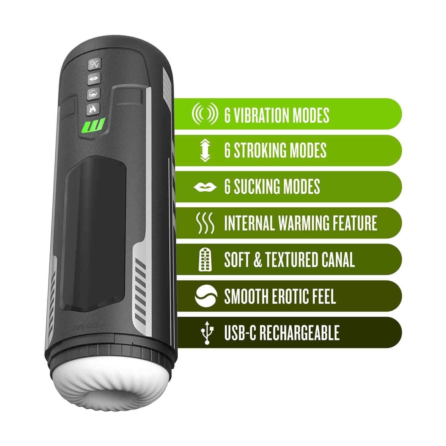 M for Men Master Blaster Masturbator - Black with 6 vibration modes, 6 stroking modes, 6 sucking modes, internal warming, and USB-C recharge.