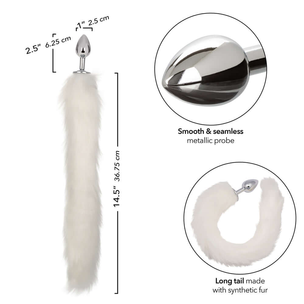 Running Wild Tail Anal Plug - White, featuring a smooth metallic probe and long synthetic fur tail for exotic pleasure and sensory exploration.