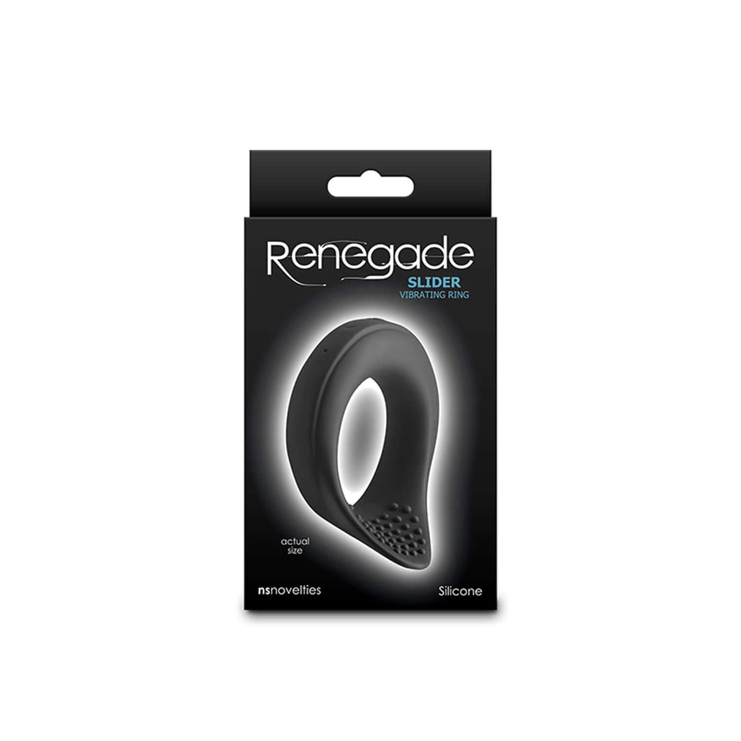 Renegade Slider Black vibrating cock ring in packaging, featuring 3 speeds, 7 functions, rechargeable, waterproof. Suitable with all lubricants.