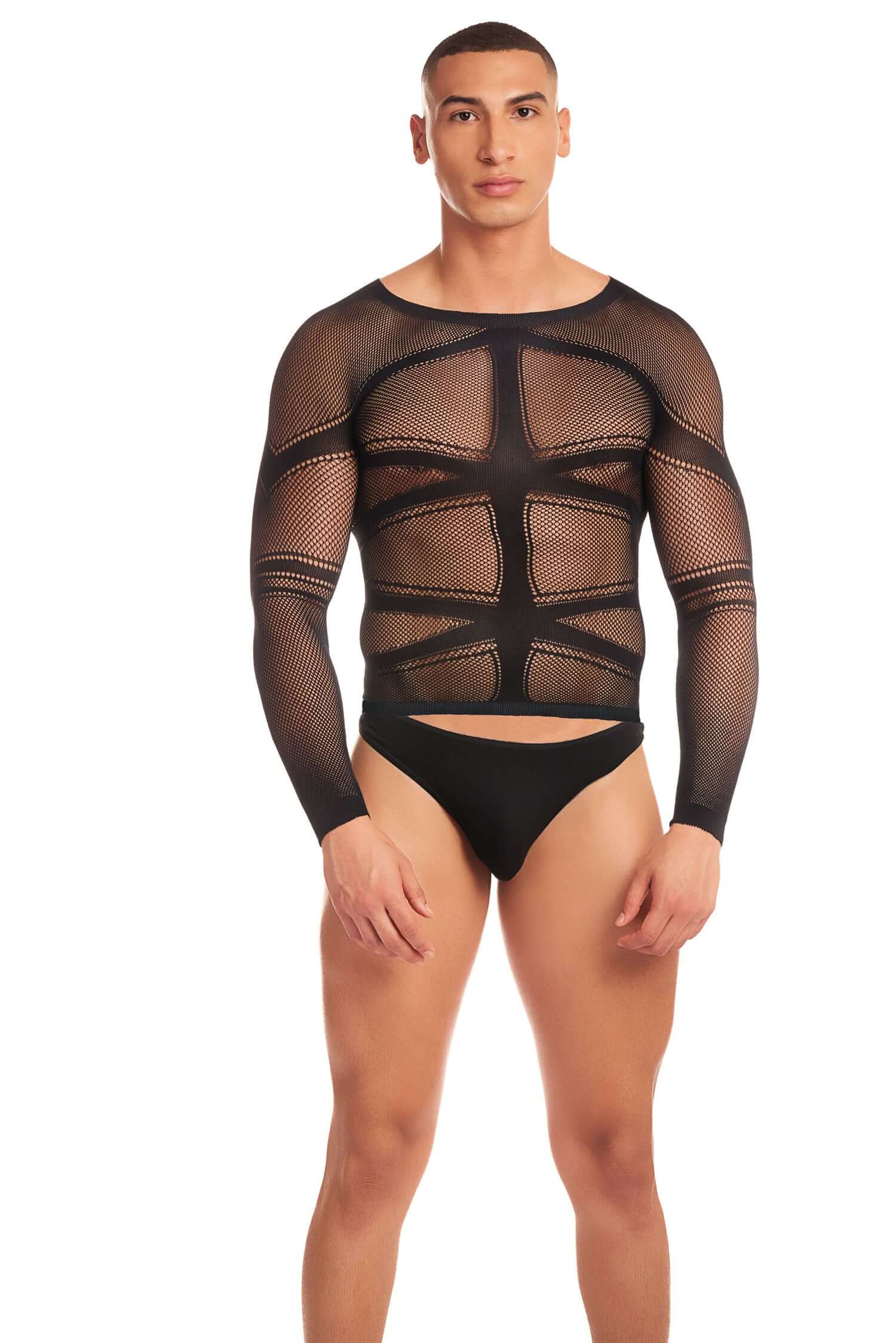 Man modeling the Cam Boy 2pc Set in black, small/medium size, made of 95% nylon and 5% spandex, featuring a mesh top and matching bottoms.