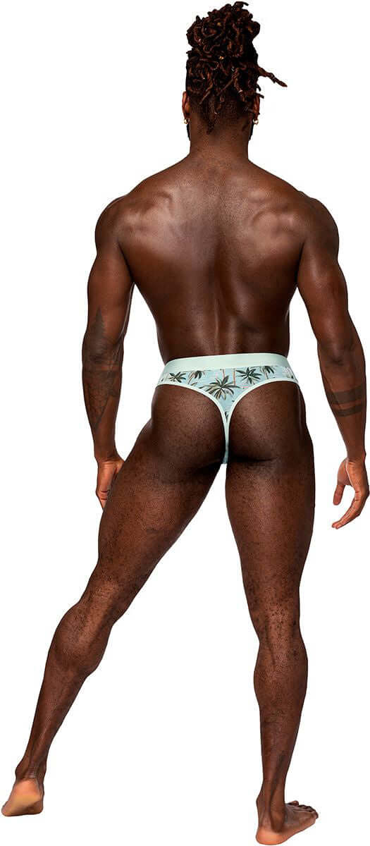 Back view of man wearing Sheer Print Sheer Thong in Flamingo print, designed with double lined pouch and thin elastic waistband for comfort.