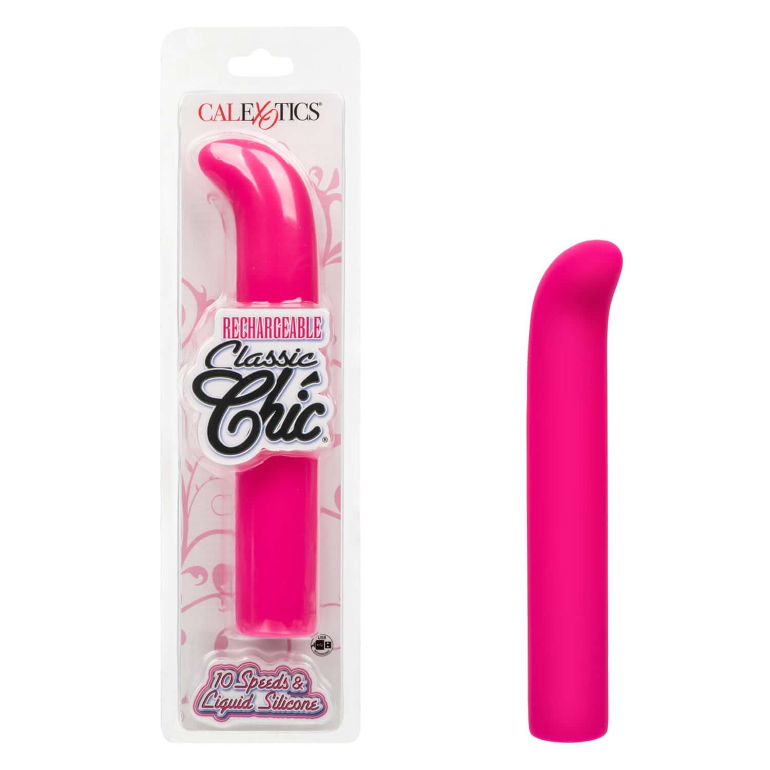 Rechargeable Classic Chic Standard G-spot vibrator in pink, featuring 10 speeds and made of liquid silicone.