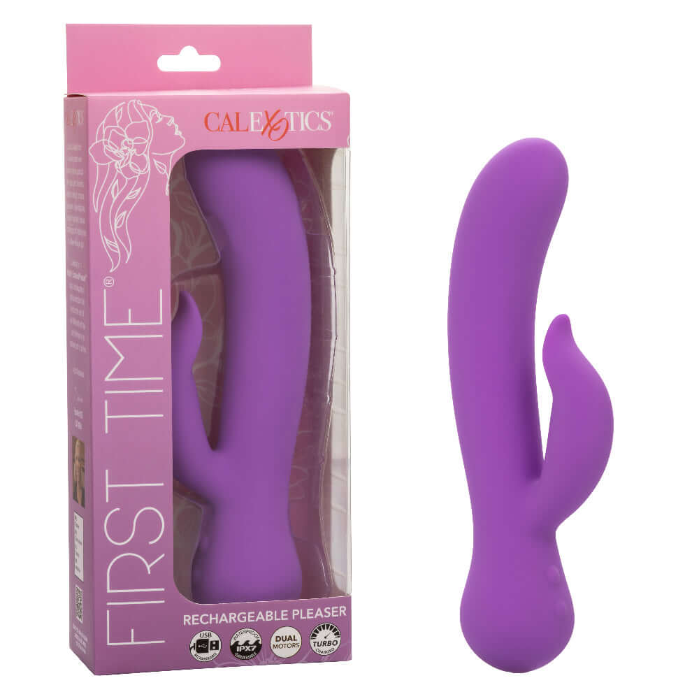 First Time Rechargeable Rabbit Pleaser in purple with packaging, dual stimulation design and turbo boost feature for intense vibrations