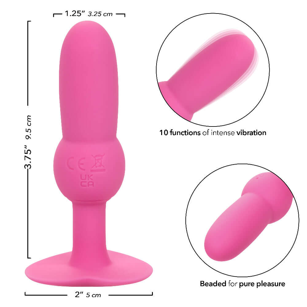 First Time Vibrating Beaded Probe - Pink with 10 functions of vibration, pulsation, and escalation, and dimensions listed.