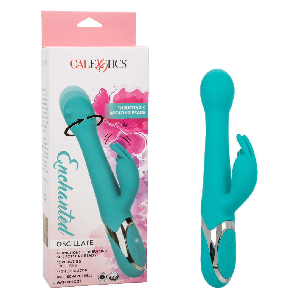 Enchanted Oscillate Massager in Turquoise with Thrusting and Rotating Beads - Powerful Dual Stimulator in Elegant Packaging