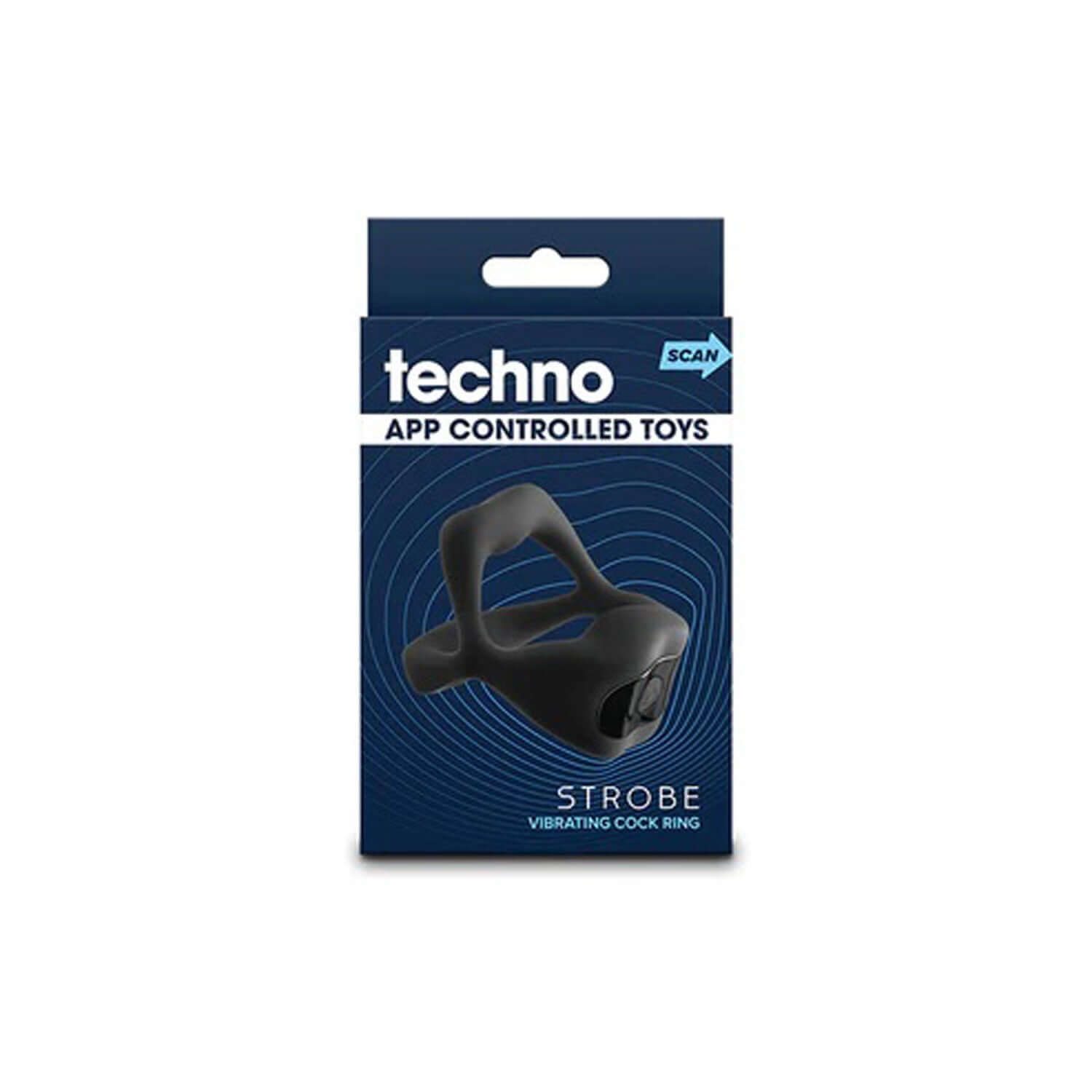 Techno Strobe Vibrating Ring in Black packaging, app-controlled toy with 9 functions, rechargeable and water-resistant.