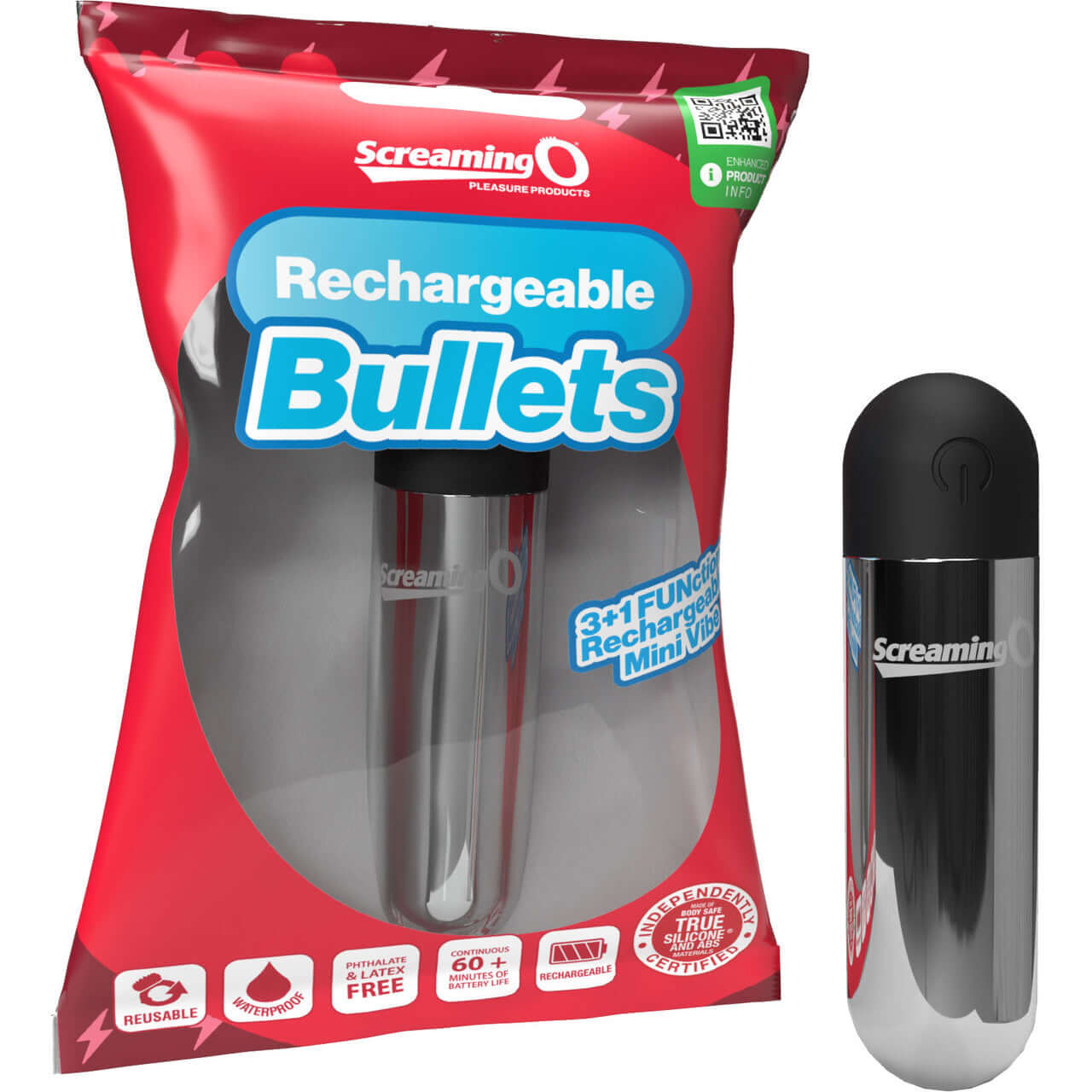 Screaming O Rechargeable Bullet in silver with packaging, featuring 3 speeds and 1 pulse pattern for customizable pleasure.