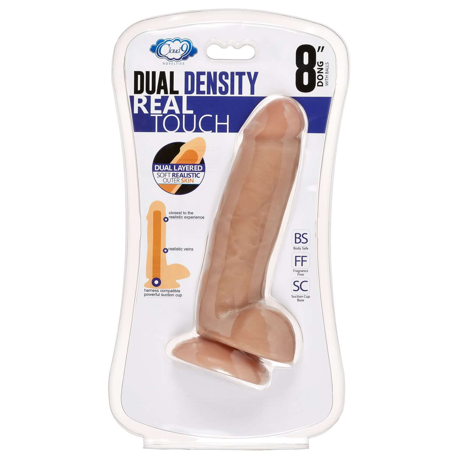 Dual Density Real Touch 8" Dildo with Veins and Balls in Package, Tan, Suction Cup, Body-Safe, Harness Compatible