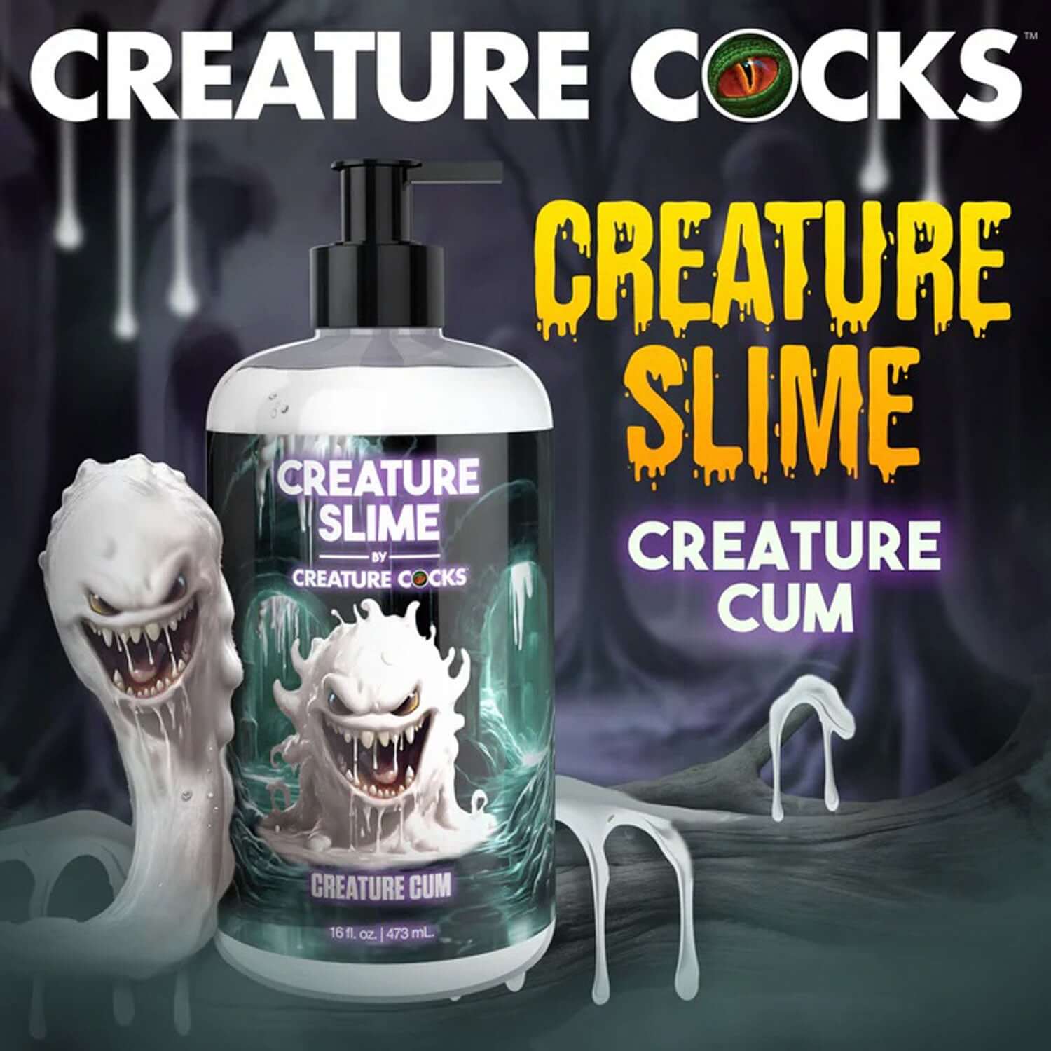 Creature Slime Creature Cum 16oz lubricant bottle with monster design, unscented, water-based, thick, gooey, fantasy roleplay.