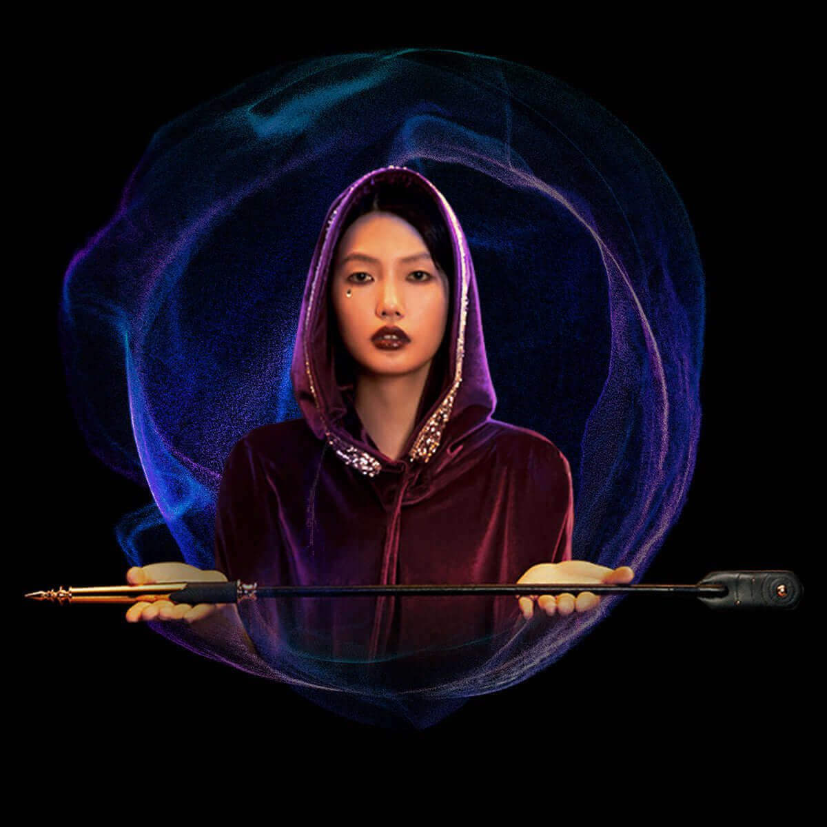 Mysterious woman in a hooded cloak holding an elegant UPKO Black Label riding crop against a vibrant cosmic background.