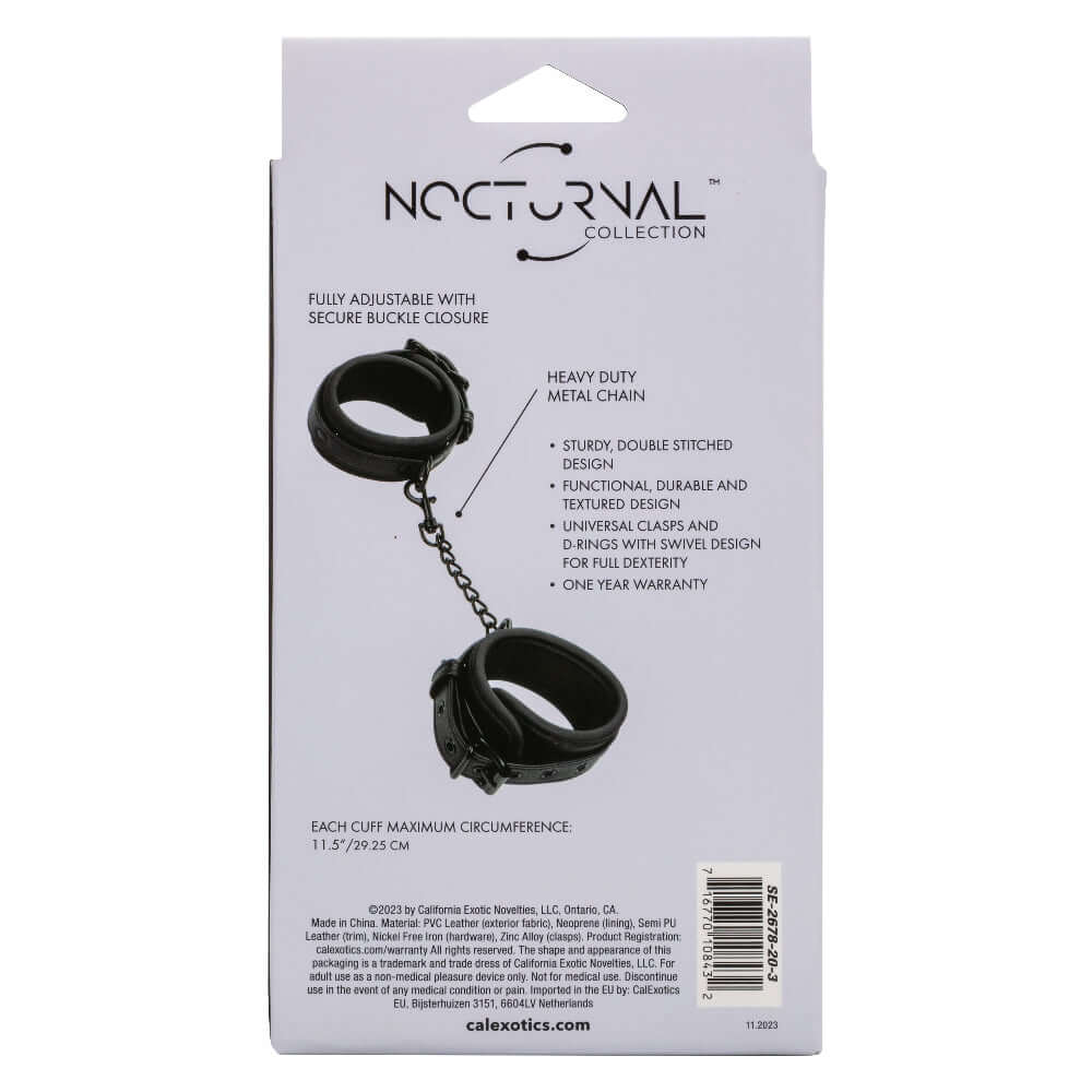 Packaging of Nocturnal Collection Ankle Cuffs in black with heavy-duty metal chain and secure buckle closure.