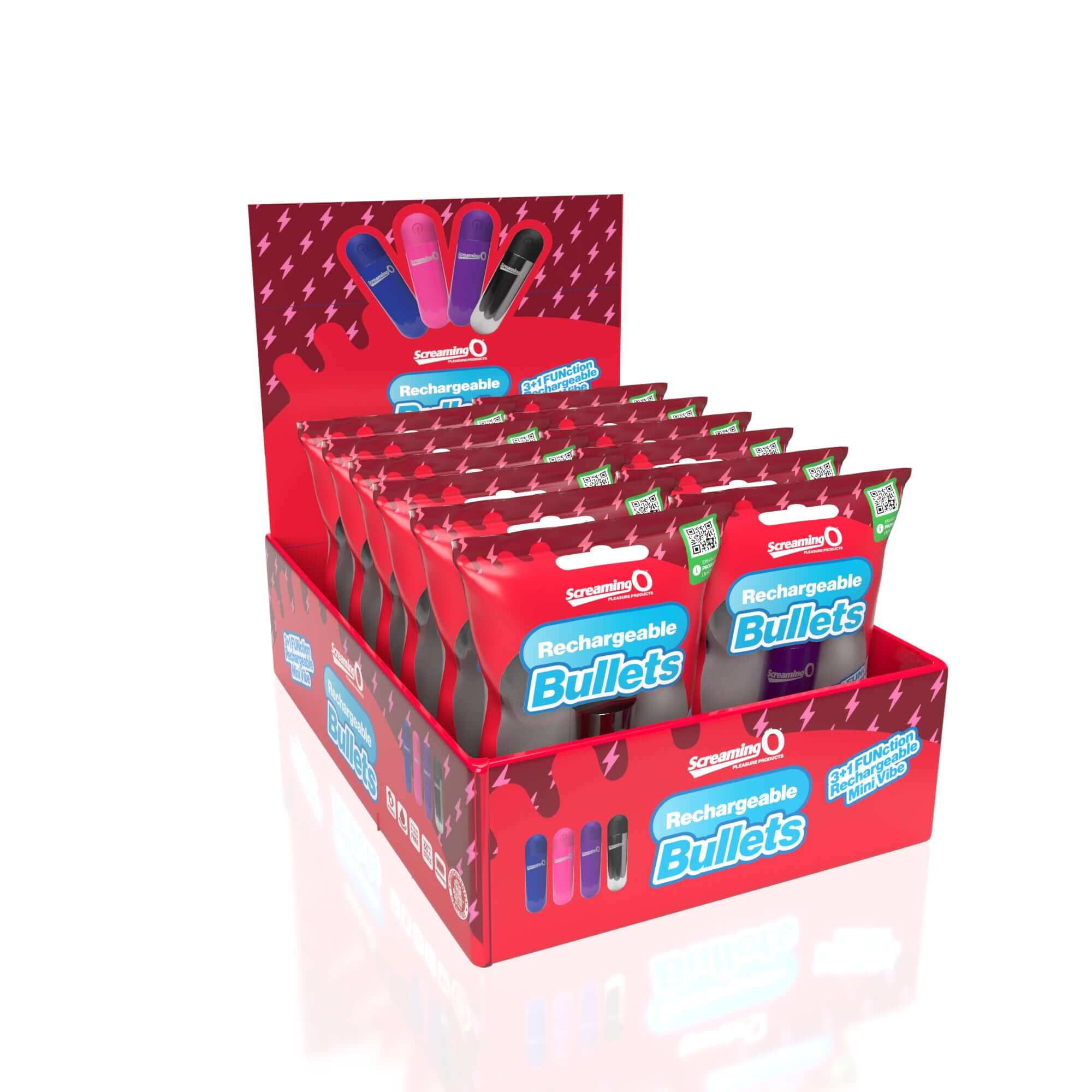 Screaming O Rechargeable Bullets in POP Box with assorted colors in retail display packaging.