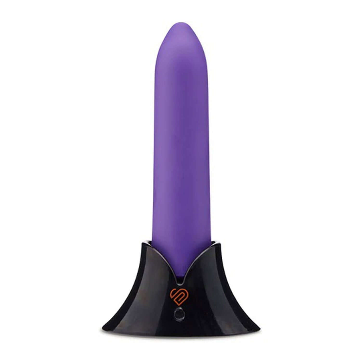 Purple Nu Sensuelle Point Bullet vibrator with black charging base featuring a sleek, smooth silicone finish.