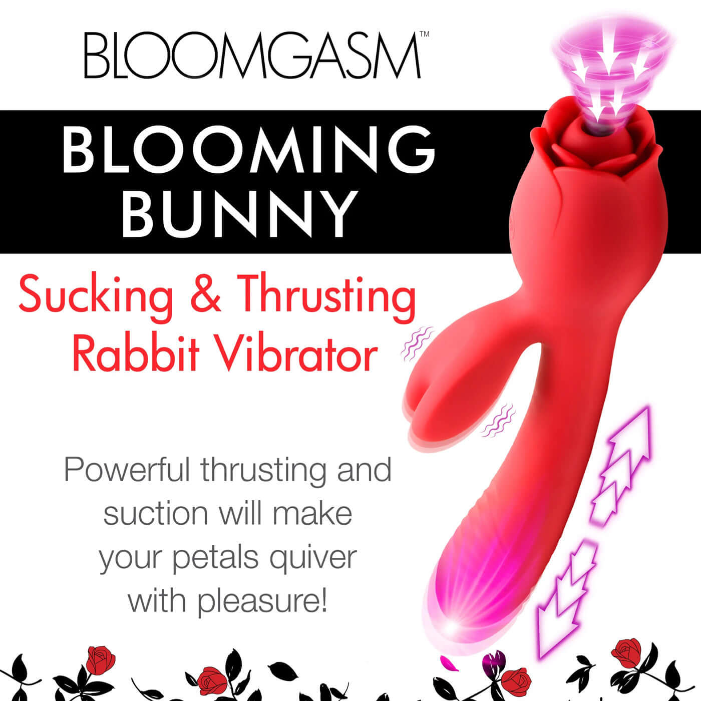 Blooming Bunny Sucking and Thrusting Rabbit Vibrator in Red with powerful thrusting and suction features for female satisfaction.