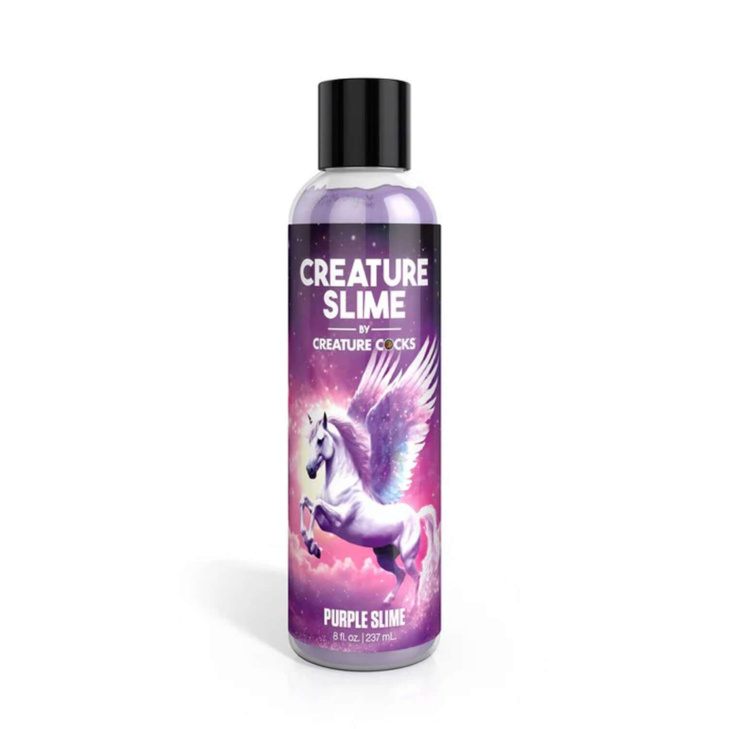 8oz bottle of Creature Slime Purple Water-Based Lubricant with unicorn design on the label.