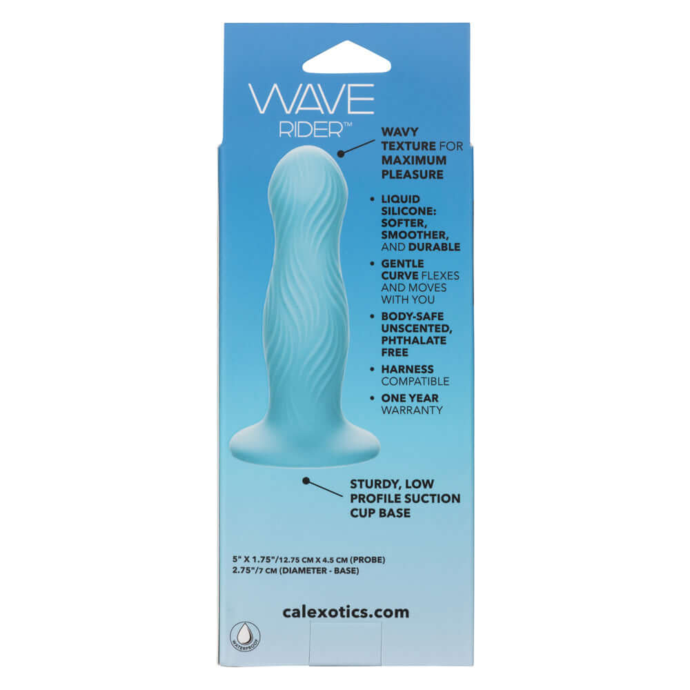 Wave Rider Swell Dildo in Blue with wavy texture and low profile suction cup base packaging.