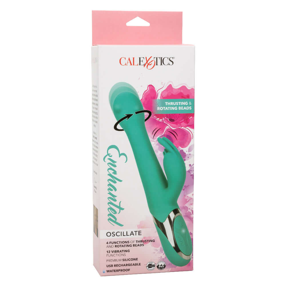 Enchanted Oscillate Massager in Turquoise packaging with thrusting and rotating beads, featuring advanced technology and user-friendly design.