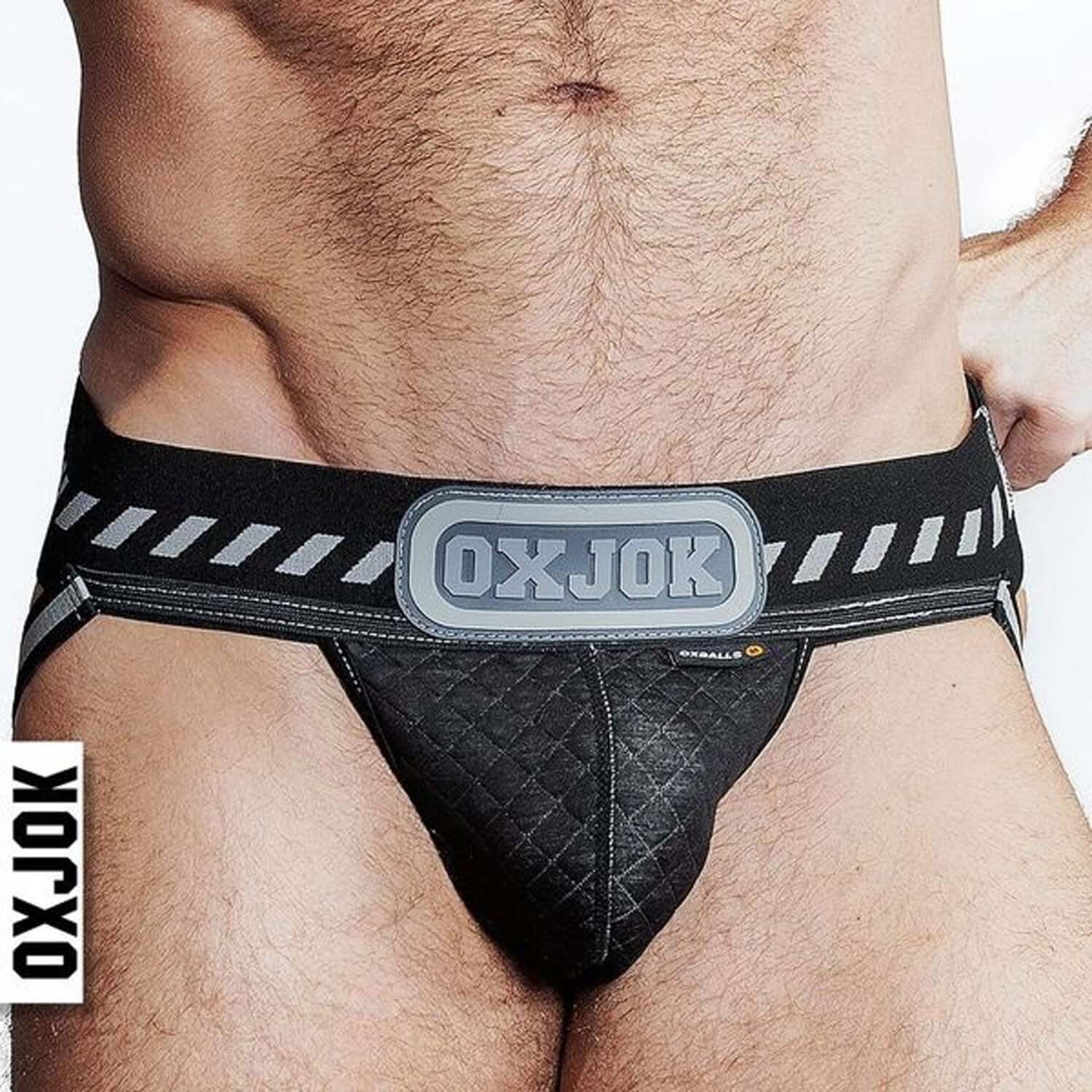 Packer Industrial Quilted Cargo Strapjock Black Puff Medium with Hazzard Stripe Waistband and 3-D Rubber Oxjock Label