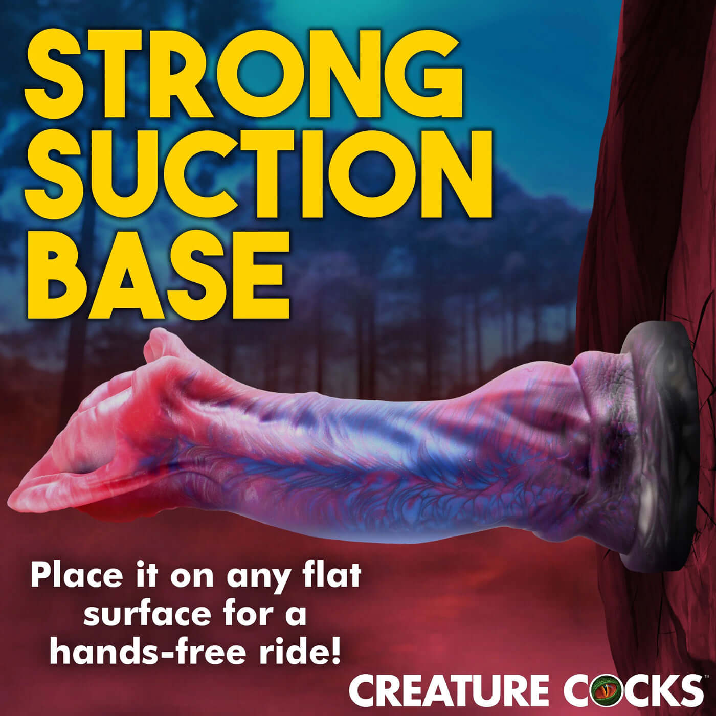 Demogorgon silicone dildo with strong suction base for hands-free use against forest background