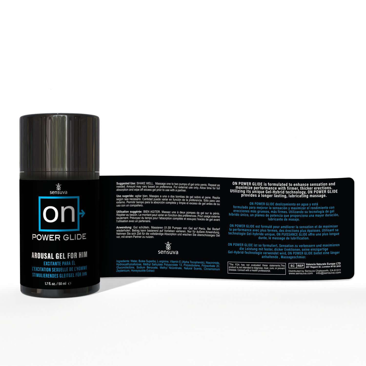 Power Glide for Him 1.7oz arousal gel bottle with product label, enhancing sensation and maximizing satisfaction.