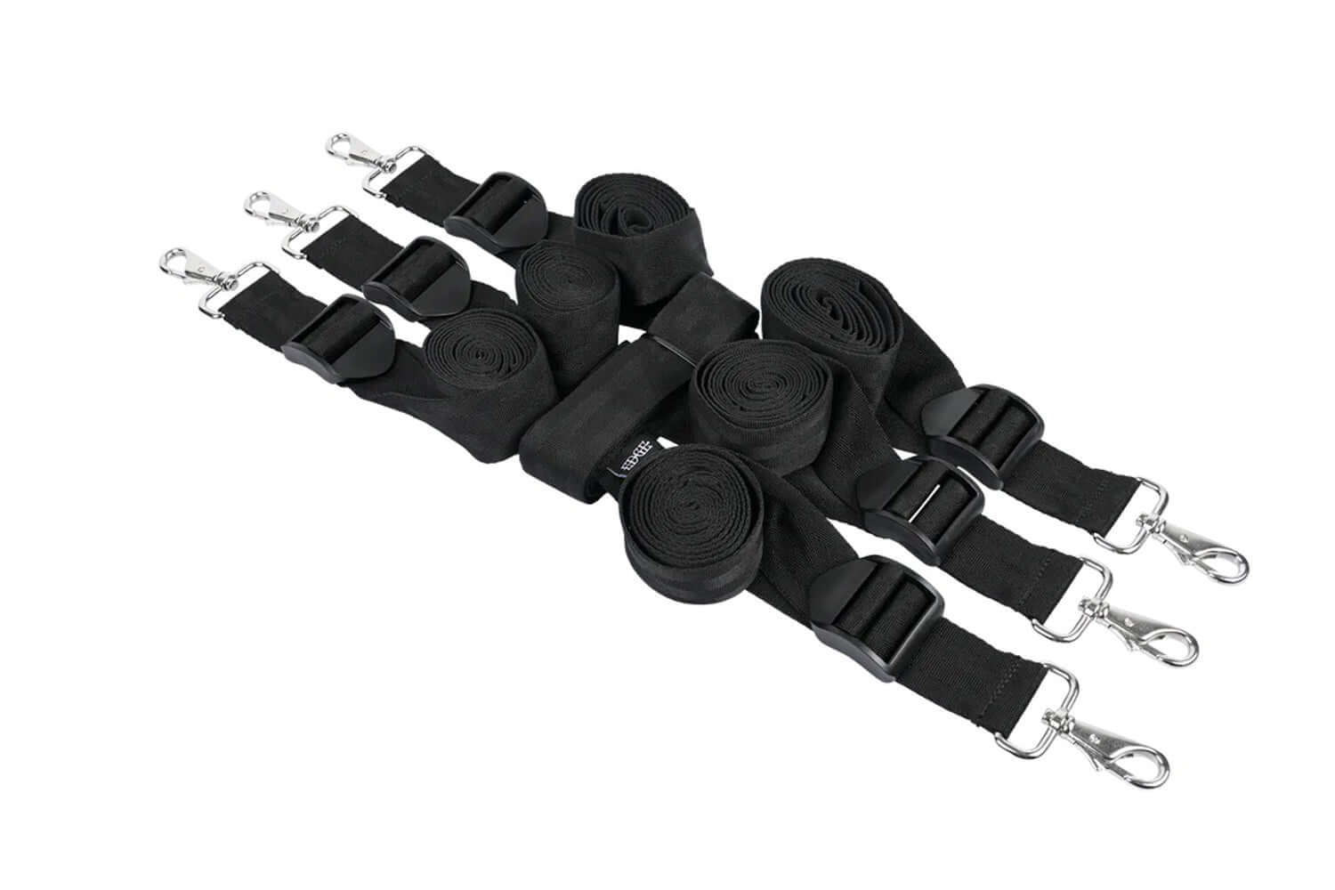 Edge Extreme Under the Bed Restraint System in black, featuring adjustable straps and metal clips for versatile bondage.