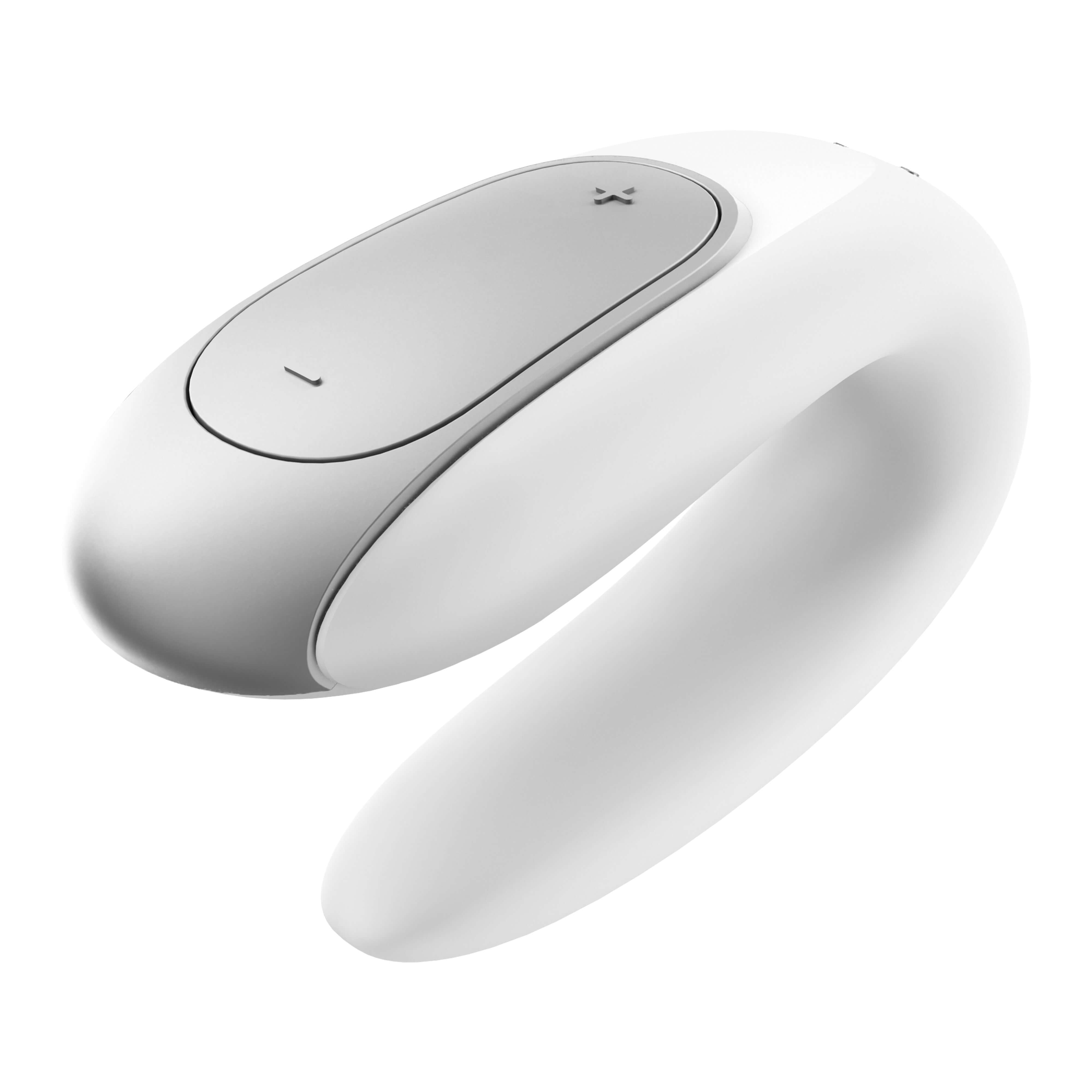 Double Fun Couples Massager in white, U-shaped design for simultaneous stimulation of partners during intimacy.