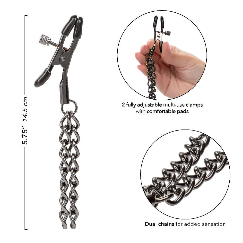 Euphoria Collection Chain Nipple Clamps with adjustable multi-use clamps and dual chains for added sensation, measuring 5.75 inches.