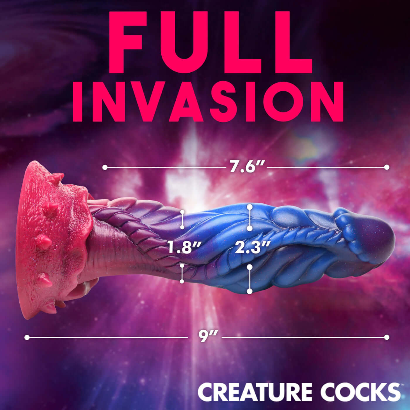 Intruder Alien Silicone Dildo in blue, purple, and pink with glitter on a cosmic background, features textured surface and dimensions.