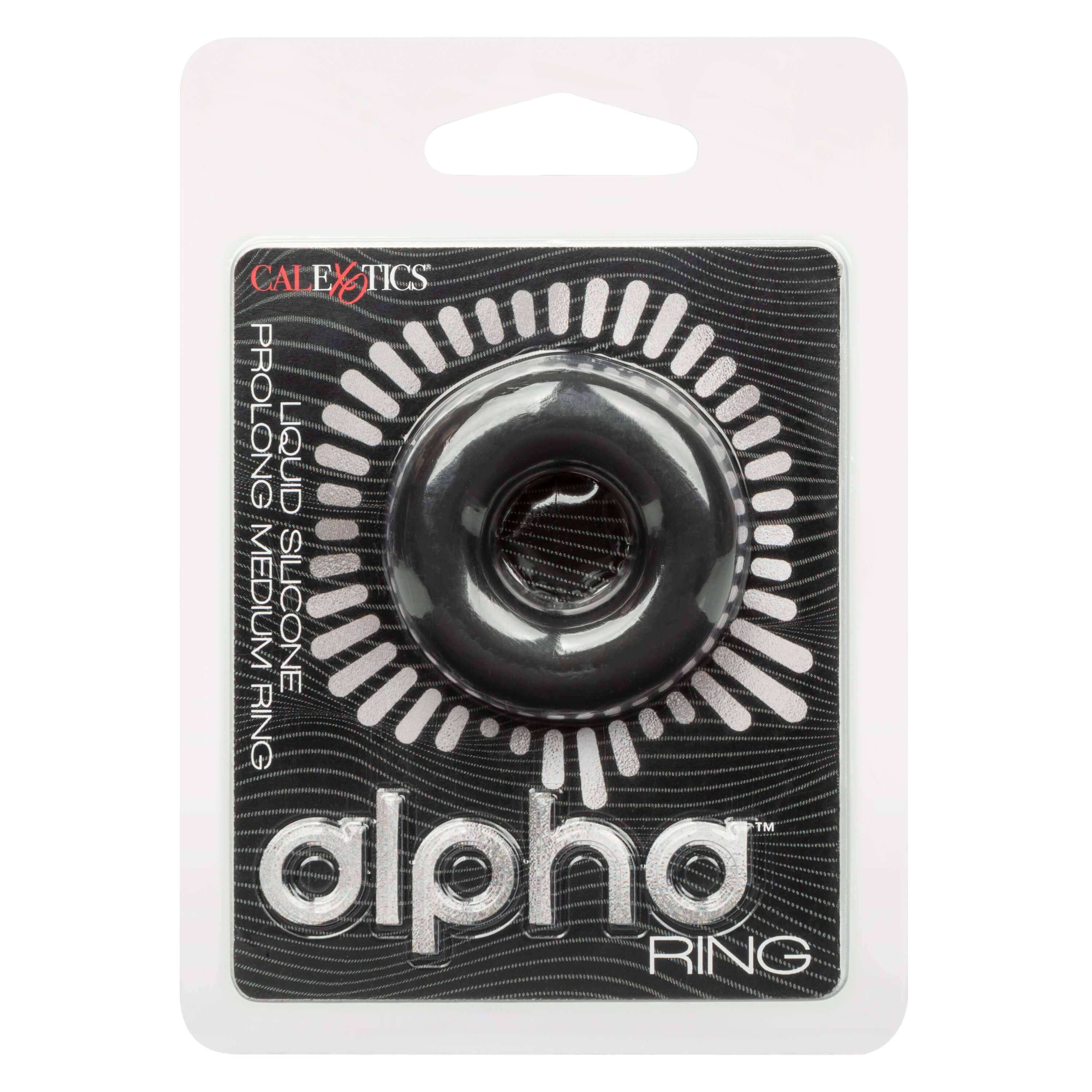 Packaging of Alpha Liquid Silicone Prolong Medium Ring in Black, a premium silicone enhancer for intimate experiences.