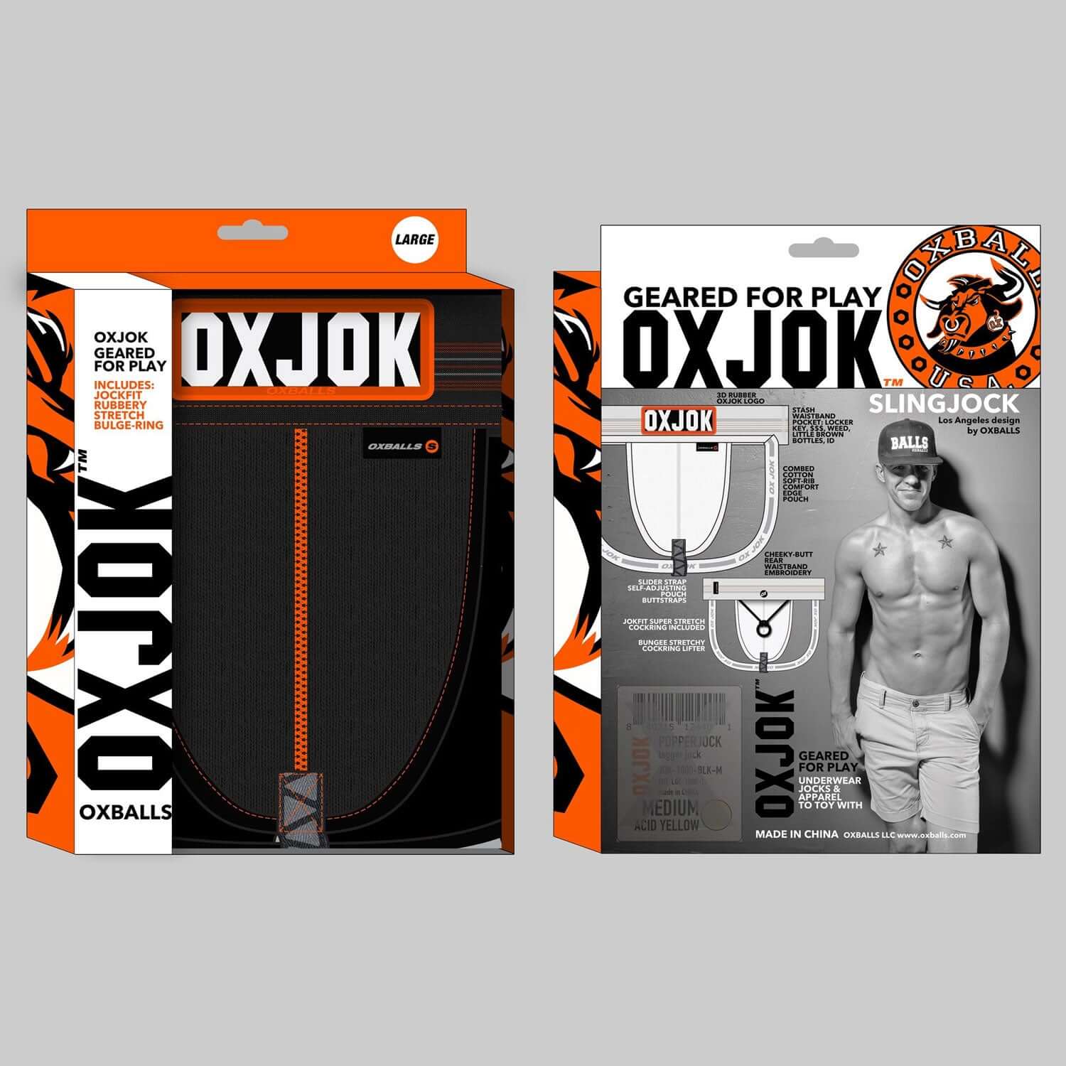 Oxjok Slingjock Upthrust Slider-Strap Jock Black Iron - Medium packaging showing front and back view with product details