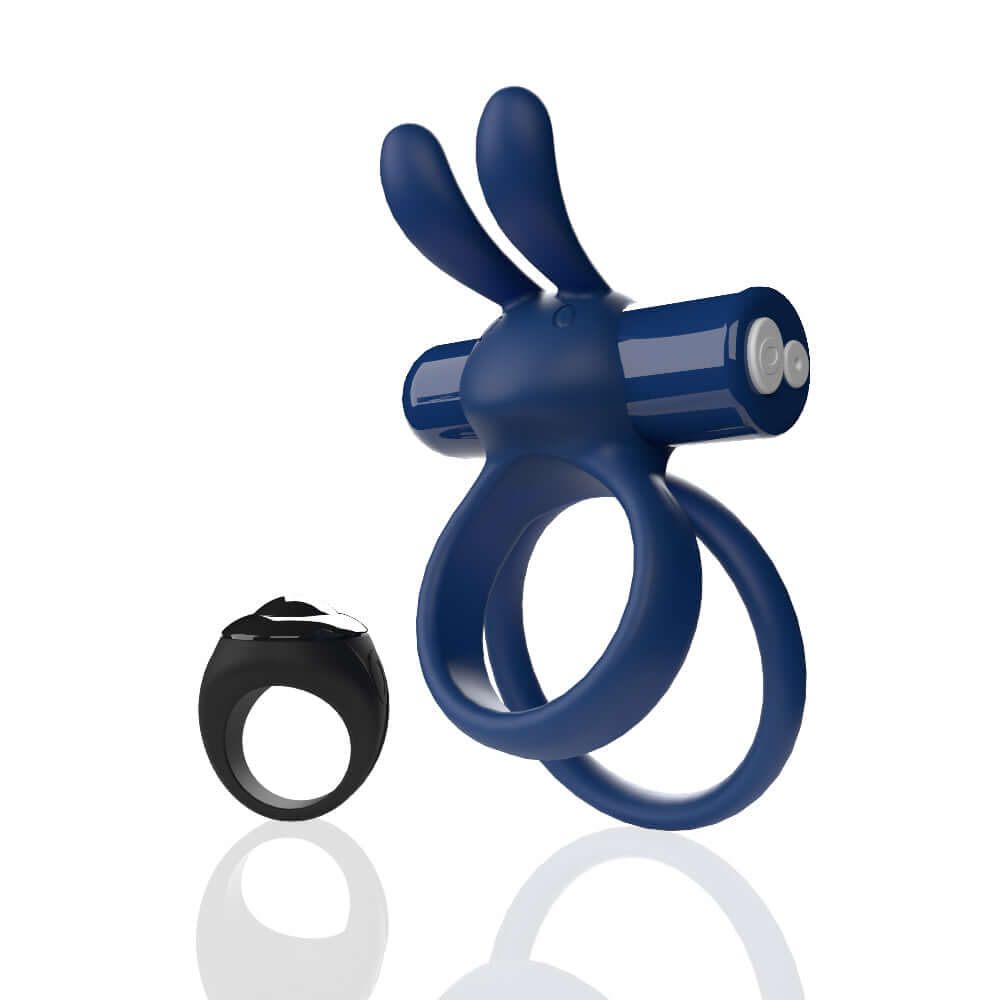 Screaming O Remote Controlled Ohare XL Blue Vibrating Ring with Dual Cock Rings and Black Wireless Remote