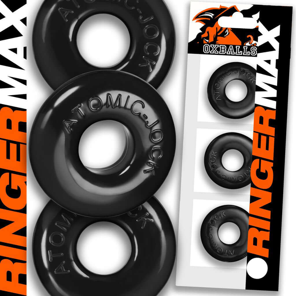 Oxballs Ringer Max 3-Pack - Black cock rings, thicker and stronger, shown in packaging and close-up views for a hefty, enhanced look.