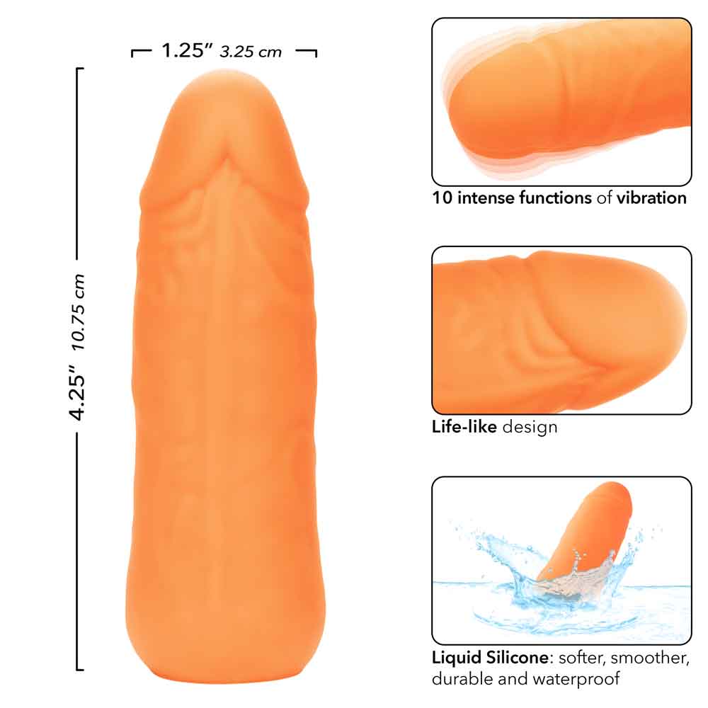 Mini Vibrating Studs in orange showing life-like design, soft liquid silicone, waterproof, with 10 vibration functions; 4.25" in size