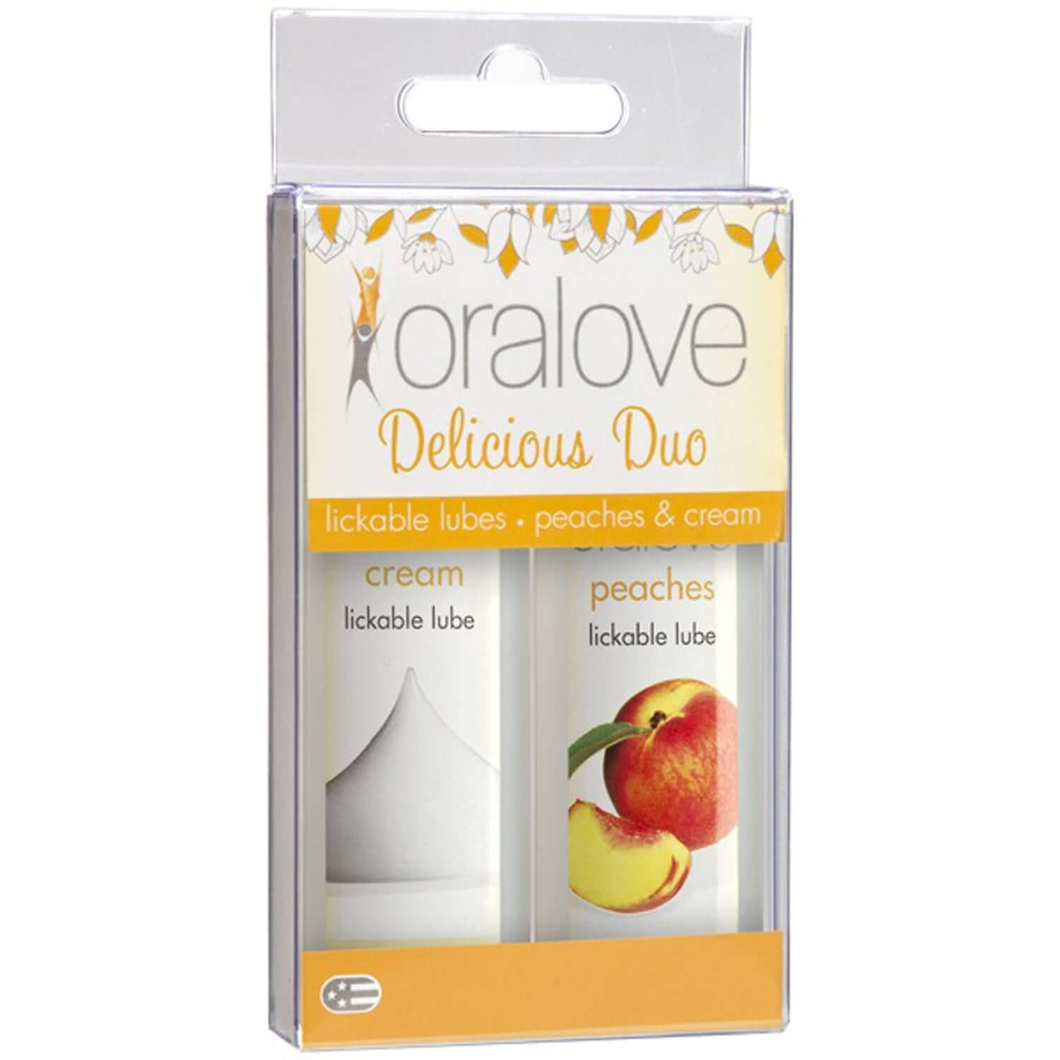 Oral Love Dynamic Duo Peaches and Cream lickable lubes in travel-friendly packaging for sweet pleasure.