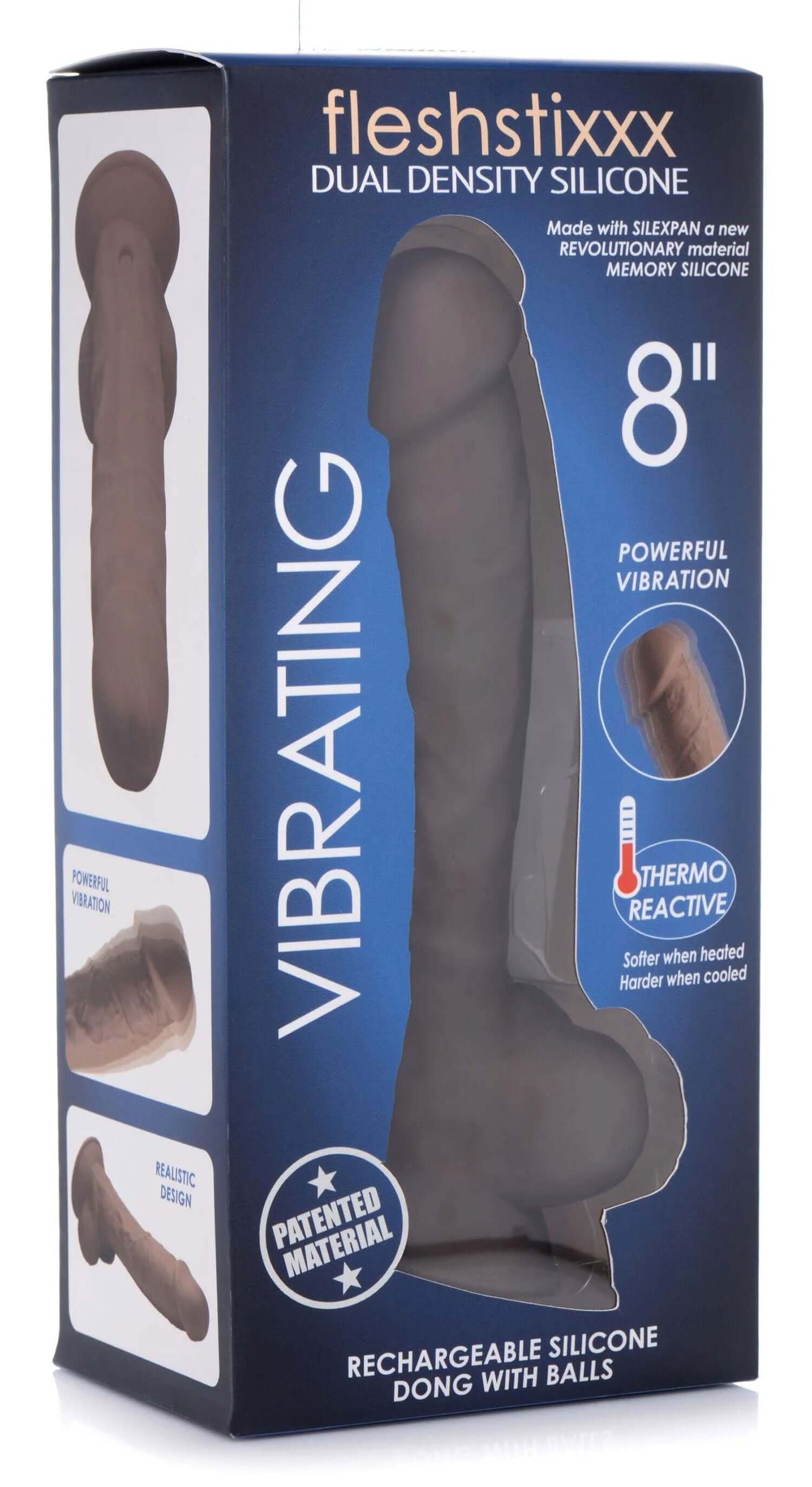 Fleshstixxx 8 inch vibrating silicone dildo with balls in brown color packaging with features highlighted