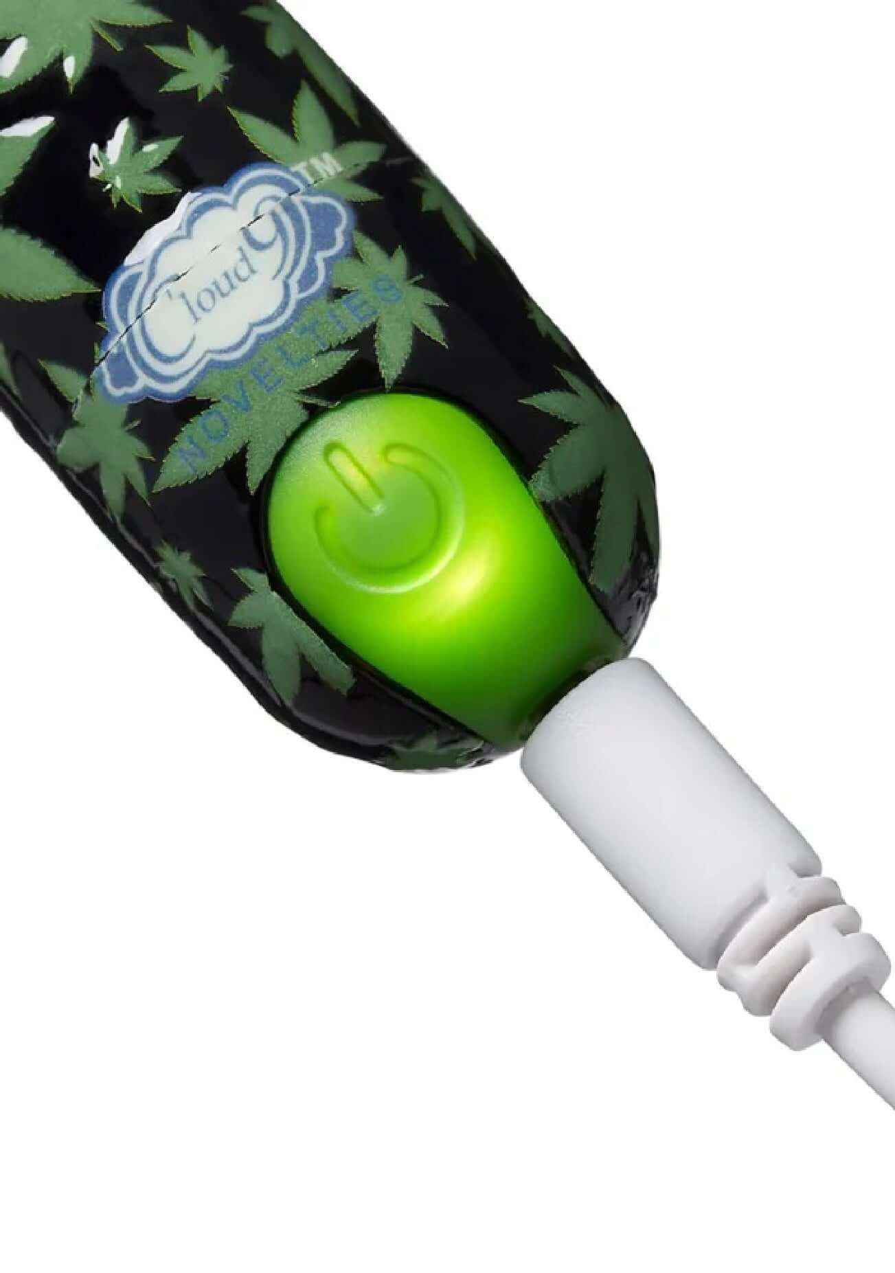 Cloud 9 Novelties 420 Stubby Vibe Black with Green Cannabis Leaf Pattern Charging via USB.