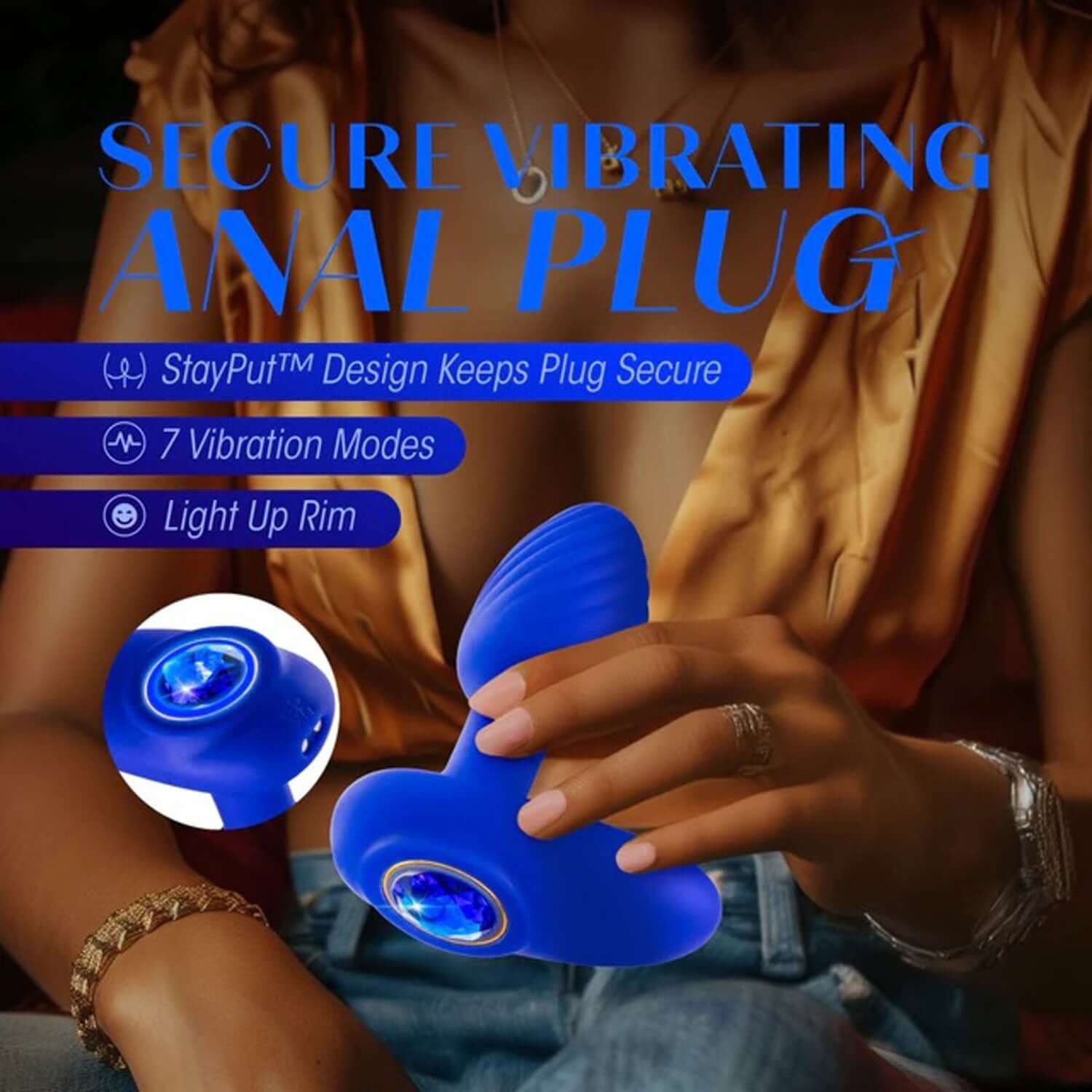 Woman holding Oh My Gem Mystery Plug with glowing blue sapphire gem base, highlighting 7 vibration modes, StayPut design, and light-up rim