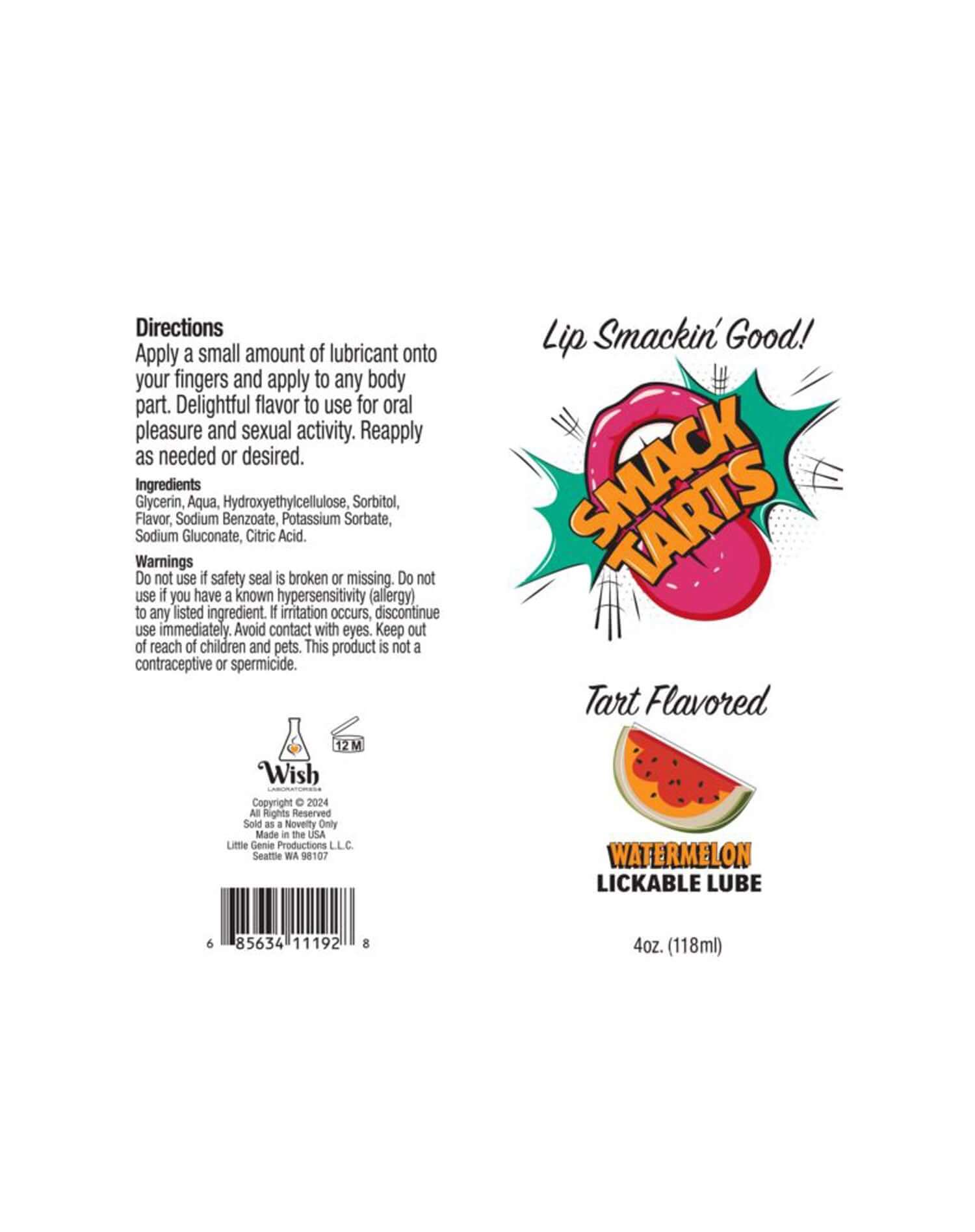 Smack Tarts Watermelon Lickable Flavored Lubricant bottle label with directions and ingredients.