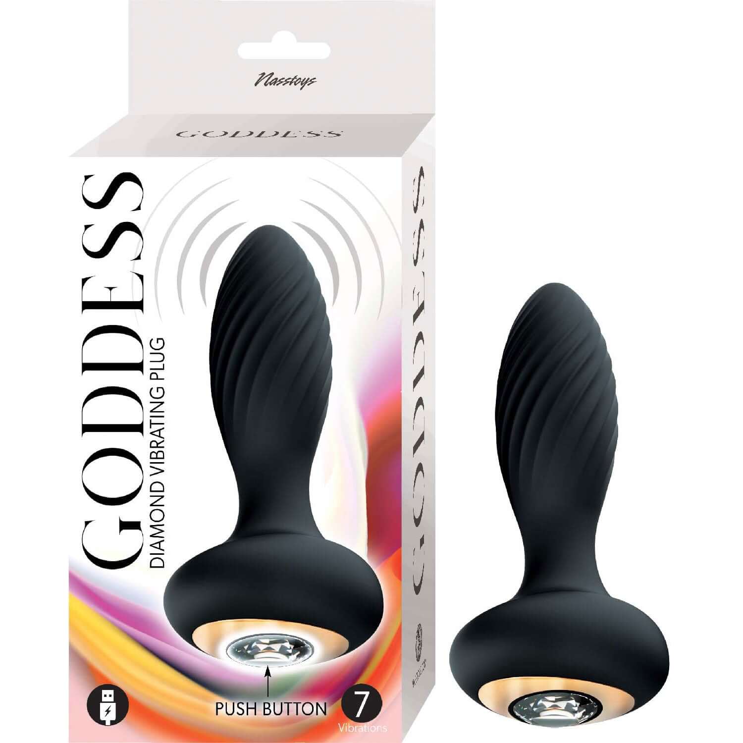 Black Goddess Diamond Vibrating Plug with light-up function and 7 vibrating modes in packaging, featuring elegant design and body-safe silicone.