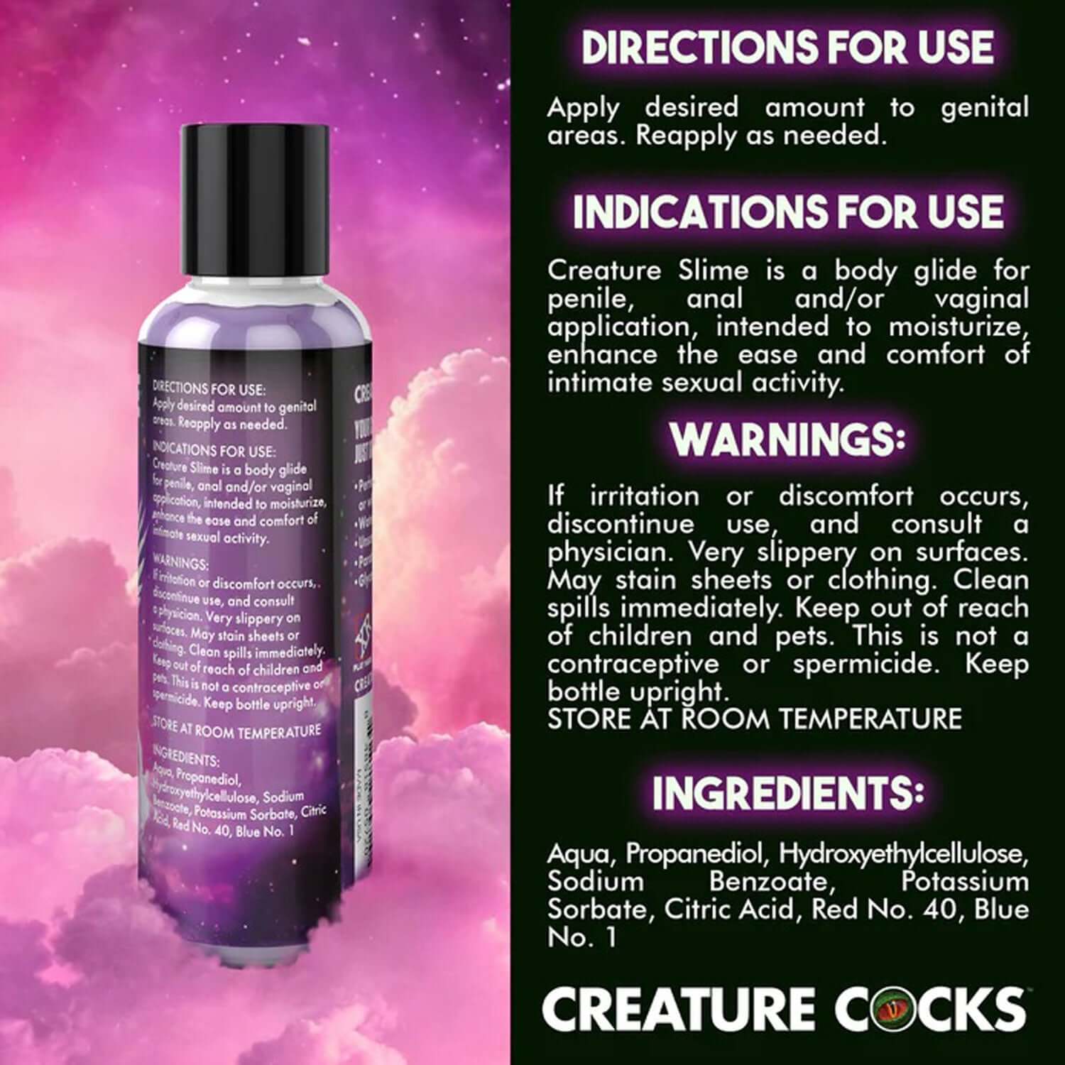 4oz Creature Slime Purple Water-Based Lubricant Bottle with Directions, Indications, Warnings, Ingredients Labels